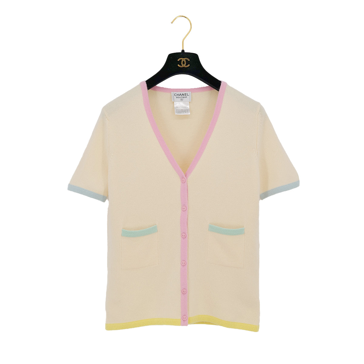 VINTAGE CHANEL LOGO BUTTON SHORT SLEEVE CARDIGAN MULTICOLOR CASHMERE 44 98C RTW 90319719