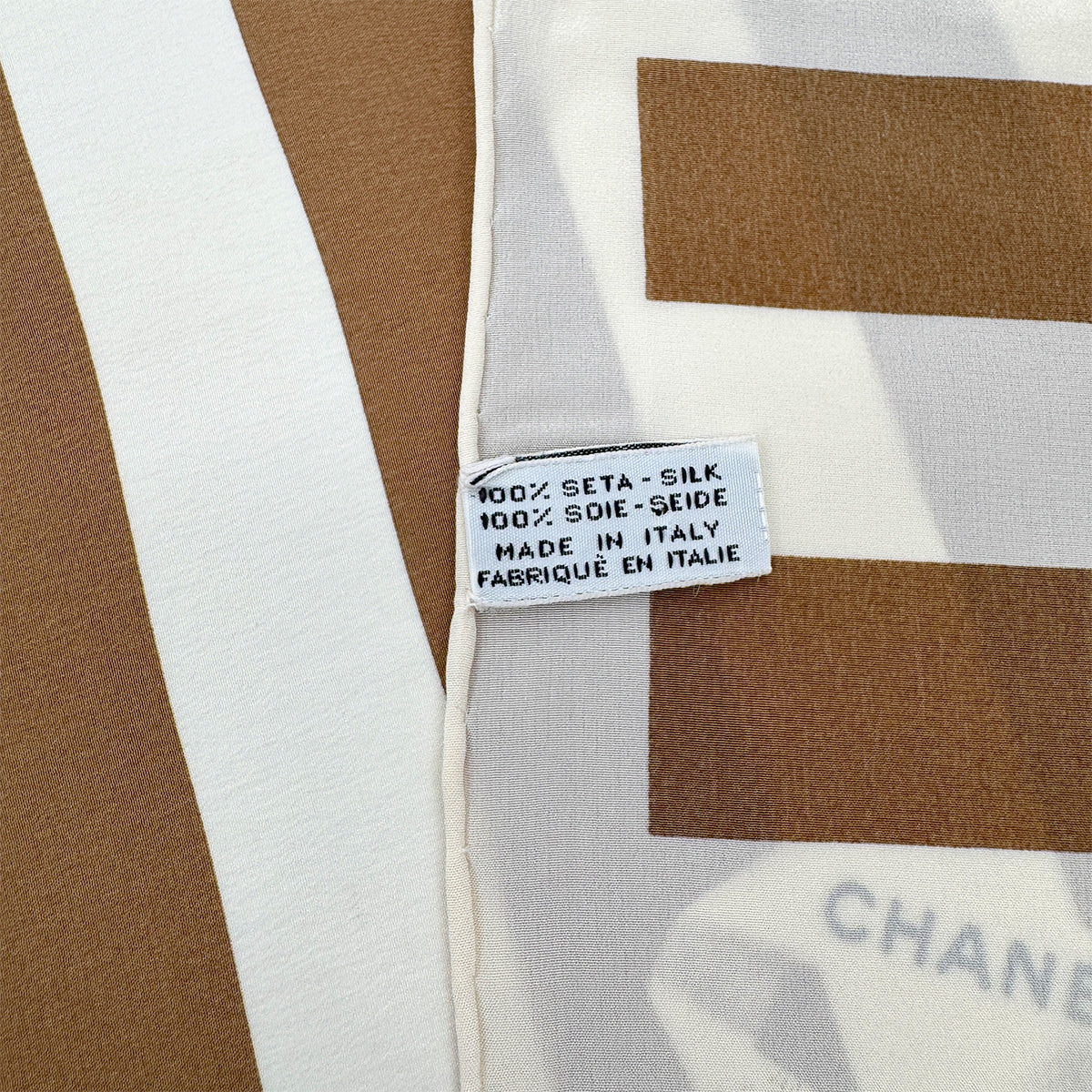 VINTAGE CHANEL LOGO STRIPE RIBBON PATTERN SCARF IVORY BEIGE SILK 90325289