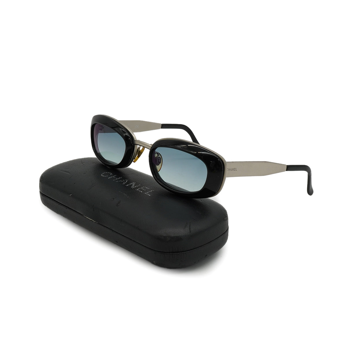 VINTAGE CHANEL LOGO SUNGLASSES SILVER BLACK EYEWEAR 90330664