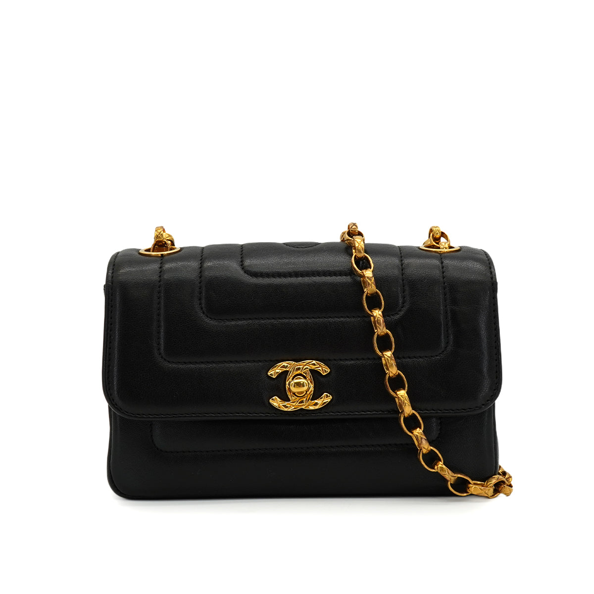VINTAGE CHANEL MADEMOISELLE BIJOU CHAIN SHOULDER BAG BLACK LAMB SKIN GOLD HARDWARE 90346150