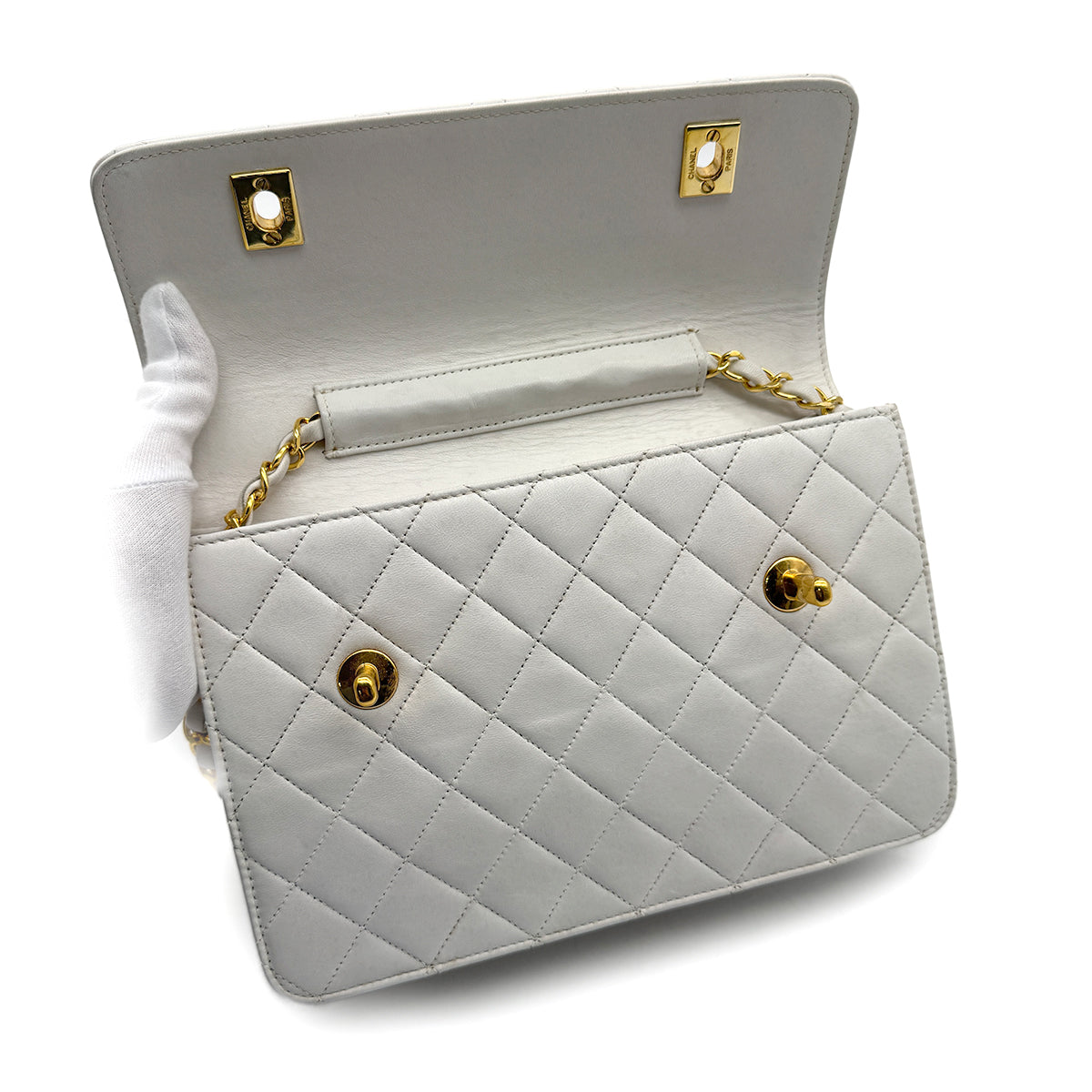 VINTAGE CHANEL MATELASSE 2WAY CHAIN SHOULDER BAG WHITE LAMB SKIN GOLD HARDWARE 90317284