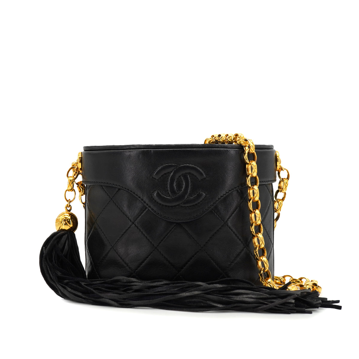 VINTAGE CHANEL MATELASSE BIJOU CHAIN SHOULDER BAG FRINGE BLACK LAMB SKIN GOLD HARDWARE 90327884