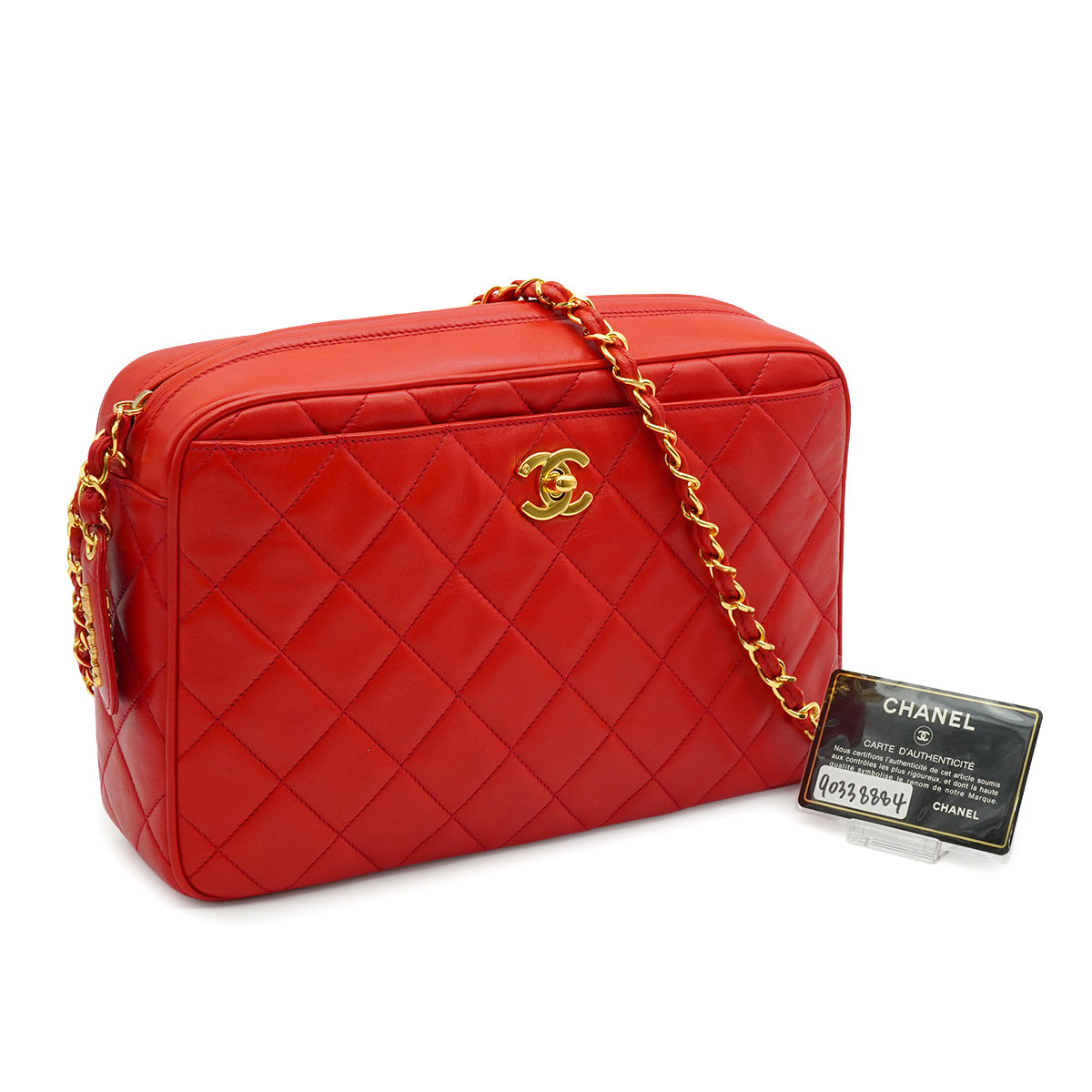 VINTAGE CHANEL MATELASSE CAMERA BAG RED LAMB SKIN GOLD HARDWARE 90338884