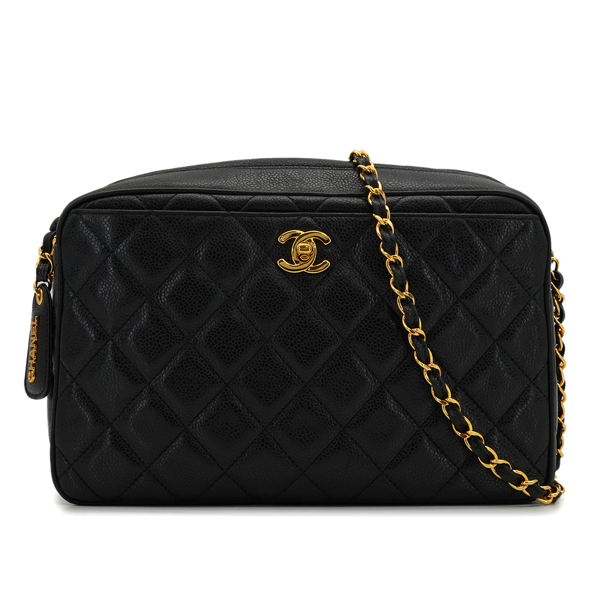 VINTAGE CHANEL MATELASSE CAMERA CHAIN SHOULDER BAG BLACK CAVIAR SKIN GOLD HARDWARE 90339653
