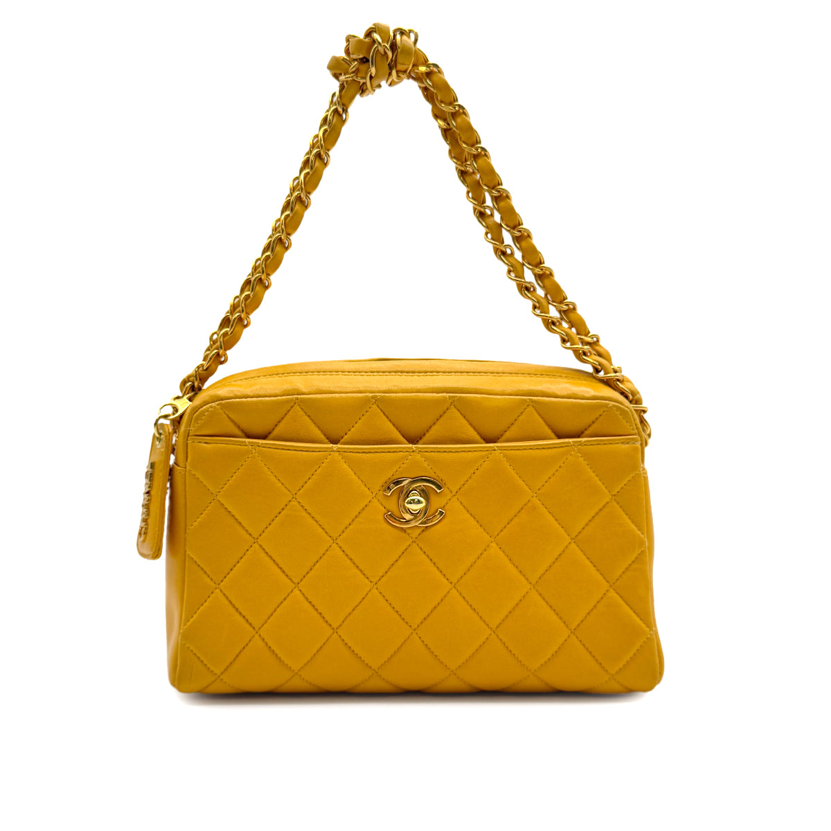 VINTAGE CHANEL MATELASSE CHAIN HAND BAG YELLOW LAMB SKIN GOLD HARDWARE 90316894