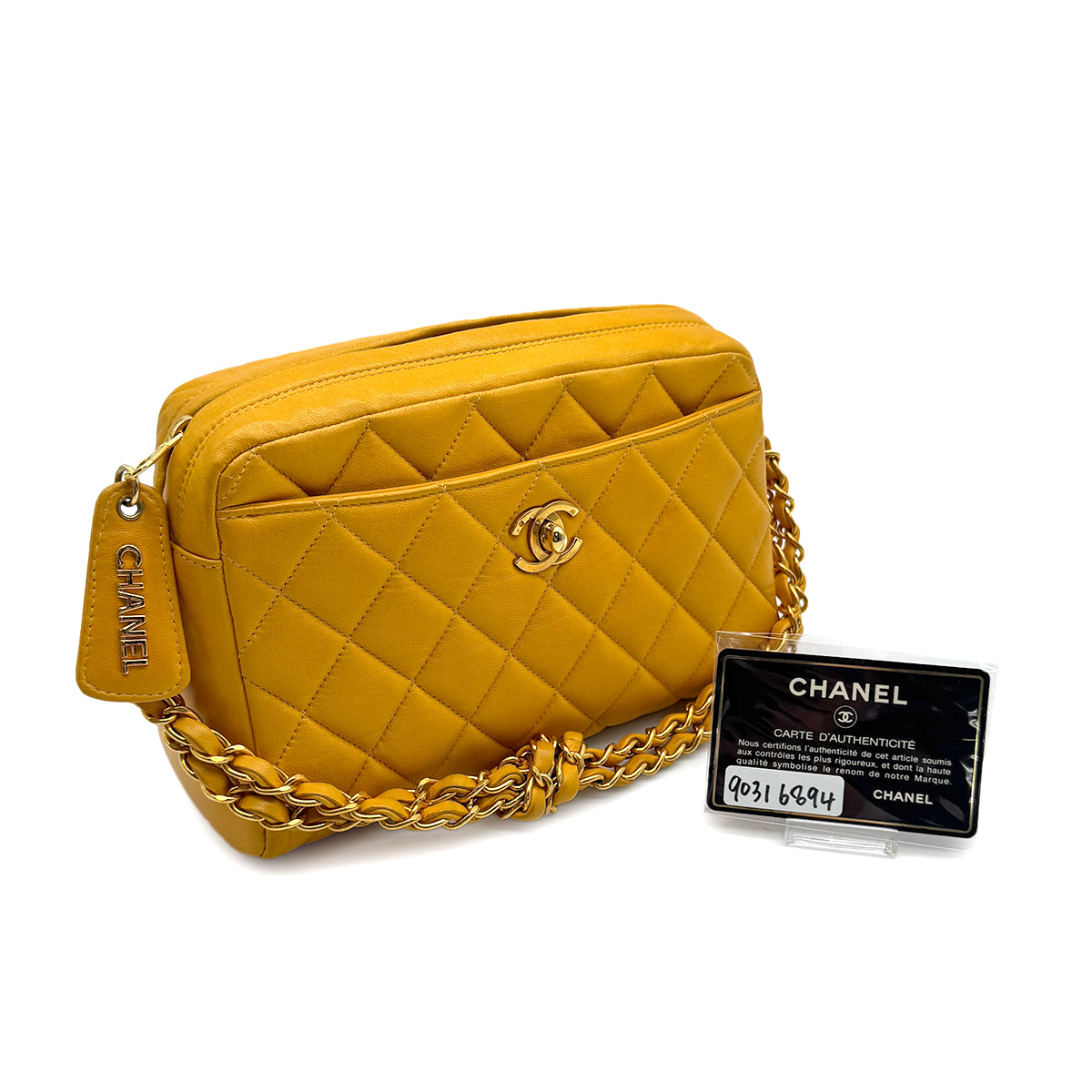 VINTAGE CHANEL MATELASSE CHAIN HAND BAG YELLOW LAMB SKIN GOLD HARDWARE 90316894