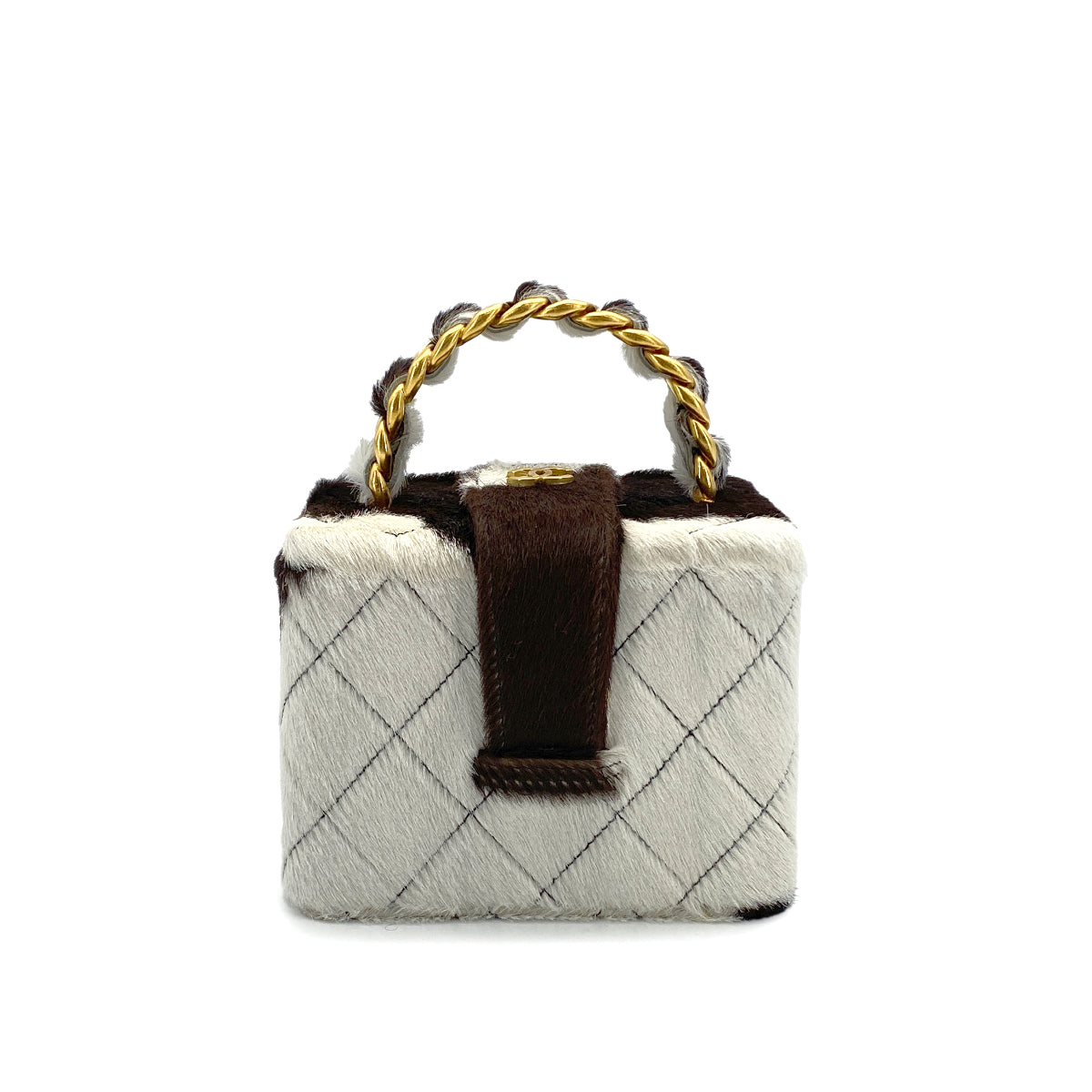 VINTAGE CHANEL MATELASSE CHAIN HAND MINI BAG BROWN WHITE UNBORN CALF GOLD HARDWARE 90317293