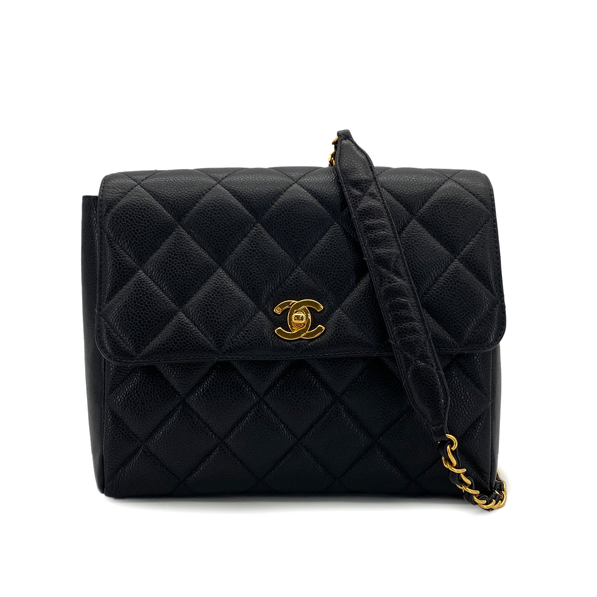 VINTAGE CHANEL MATELASSE CHAIN SHOULDER BAG BLACK CAVIAR SKIN GOLD HARDWARE 90324766