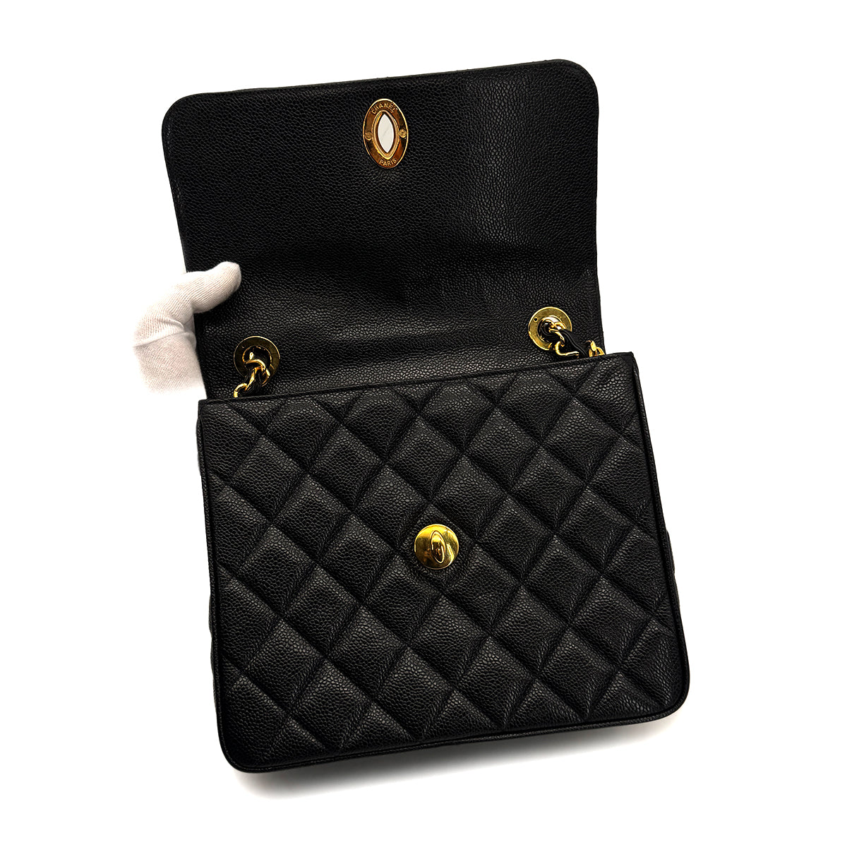 VINTAGE CHANEL MATELASSE CHAIN SHOULDER BAG BLACK CAVIAR SKIN GOLD HARDWARE 90319688