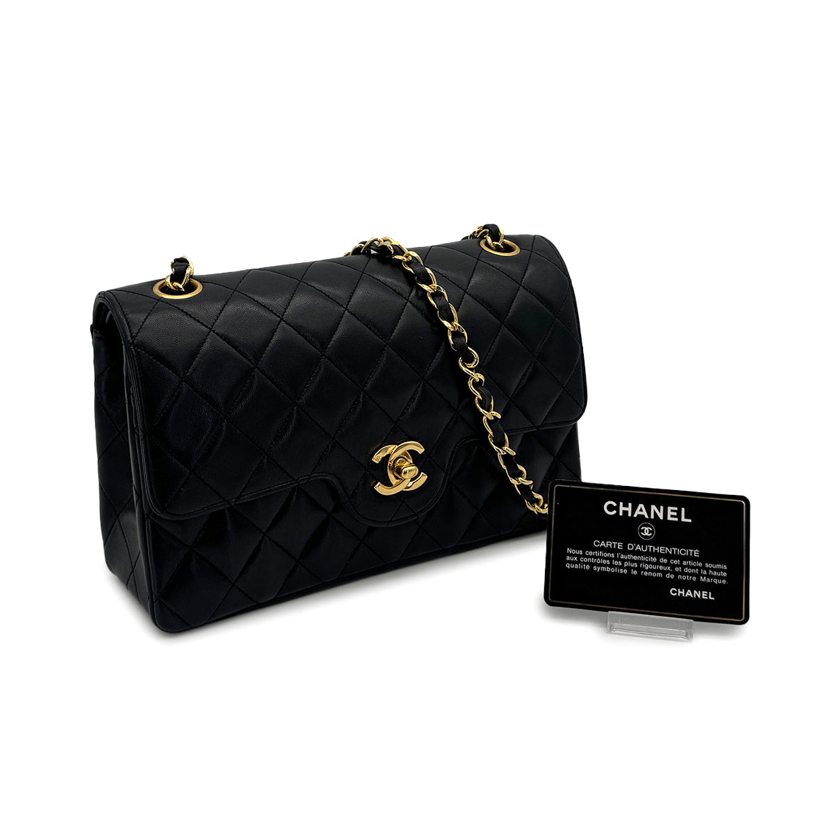VINTAGE CHANEL MATELASSE CHAIN SHOULDER BAG BLACK LAMB SKIN GOLD HARDWARE 90319589