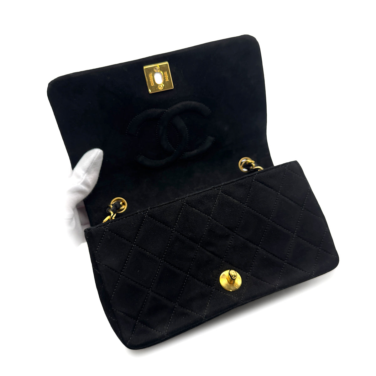 VINTAGE CHANEL MATELASSE CHAIN SHOULDER BAG BLACK SUEDE GOLD HARDWARE 90318520