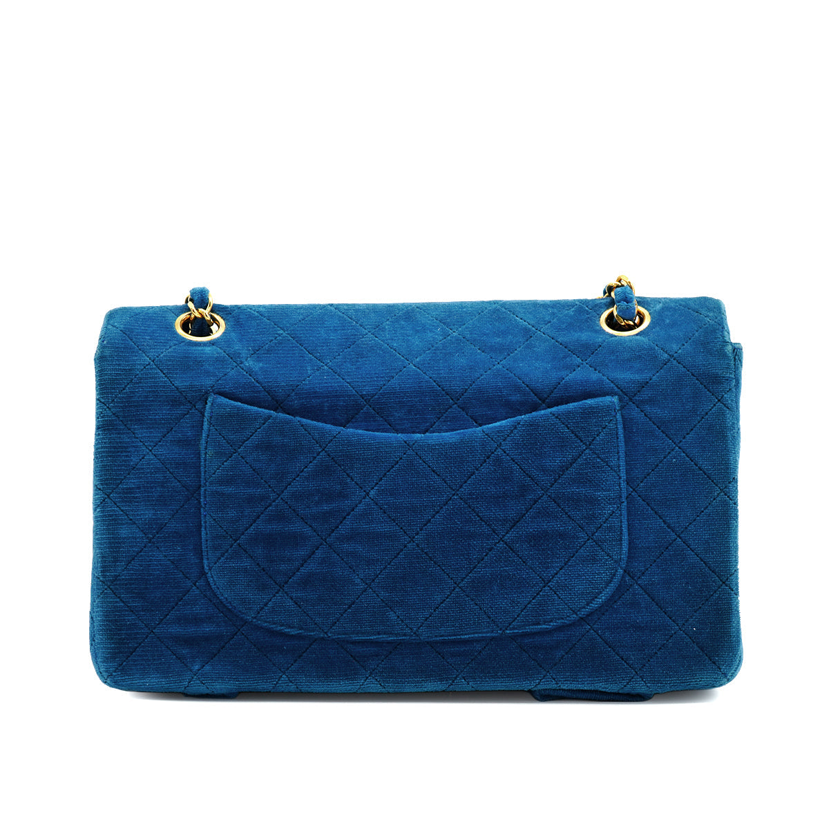 VINTAGE CHANEL SINGLE FLAP CHAIN SHOULDER MAGAZINE HOLDER BAG BLUE VELVET GOLD HARDWARE 90343010