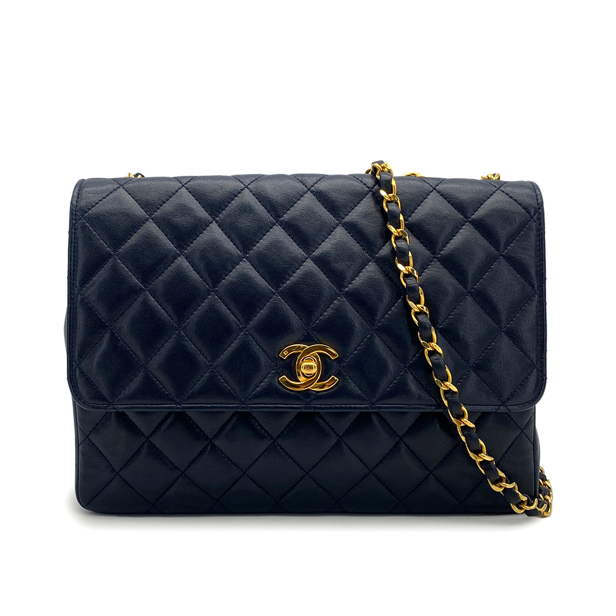VINTAGE CHANEL MATELASSE CHAIN SHOULDER BAG NAVY LAMB SKIN GOLD HARDWARE 90324135