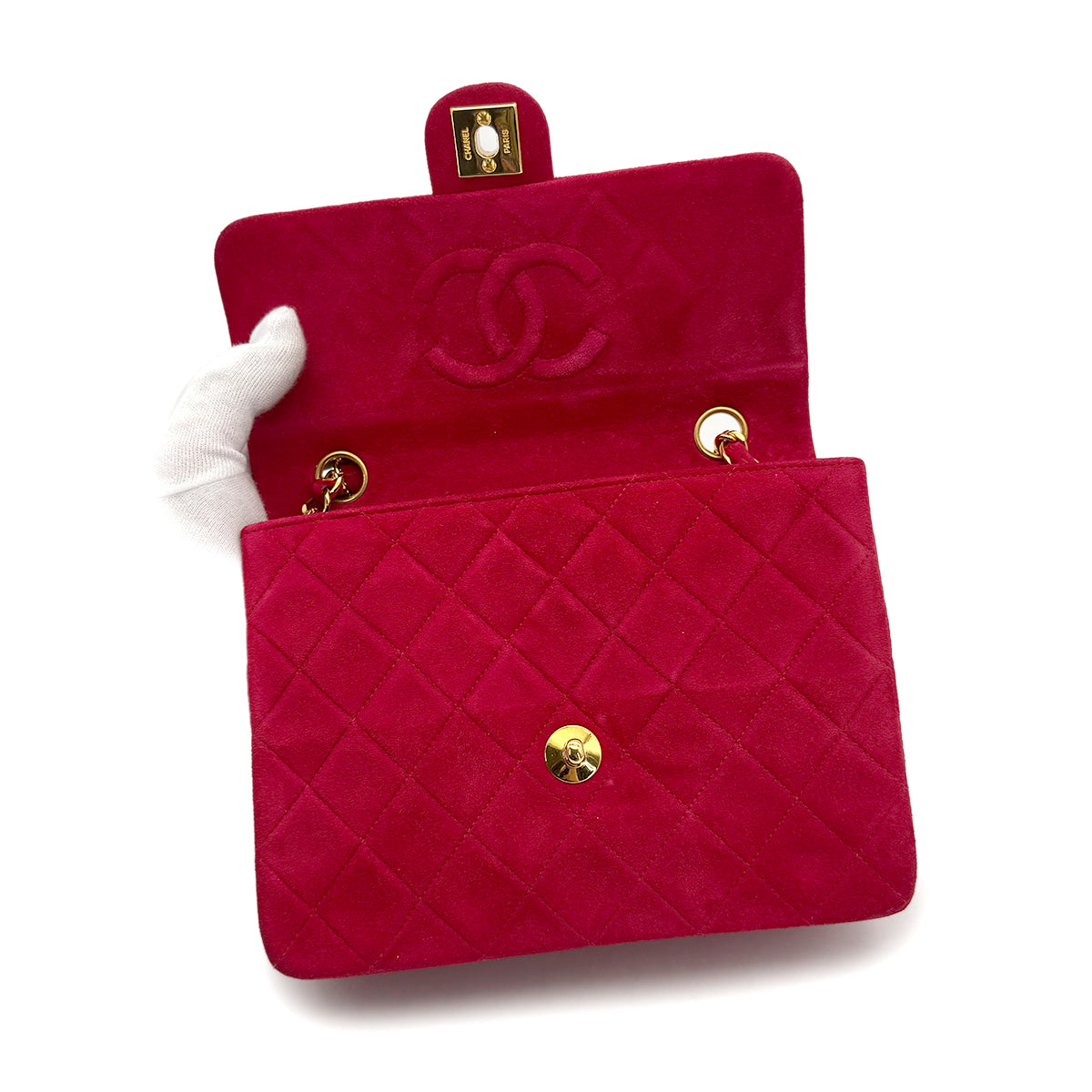VINTAGE CHANEL MINI MATELASSE CHAIN SHOULDER BAG RED SUEDE GOLD HARDWARE 90319683
