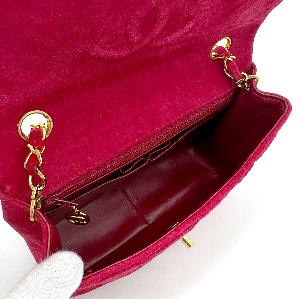 VINTAGE CHANEL MINI MATELASSE CHAIN SHOULDER BAG RED SUEDE GOLD HARDWARE 90319683