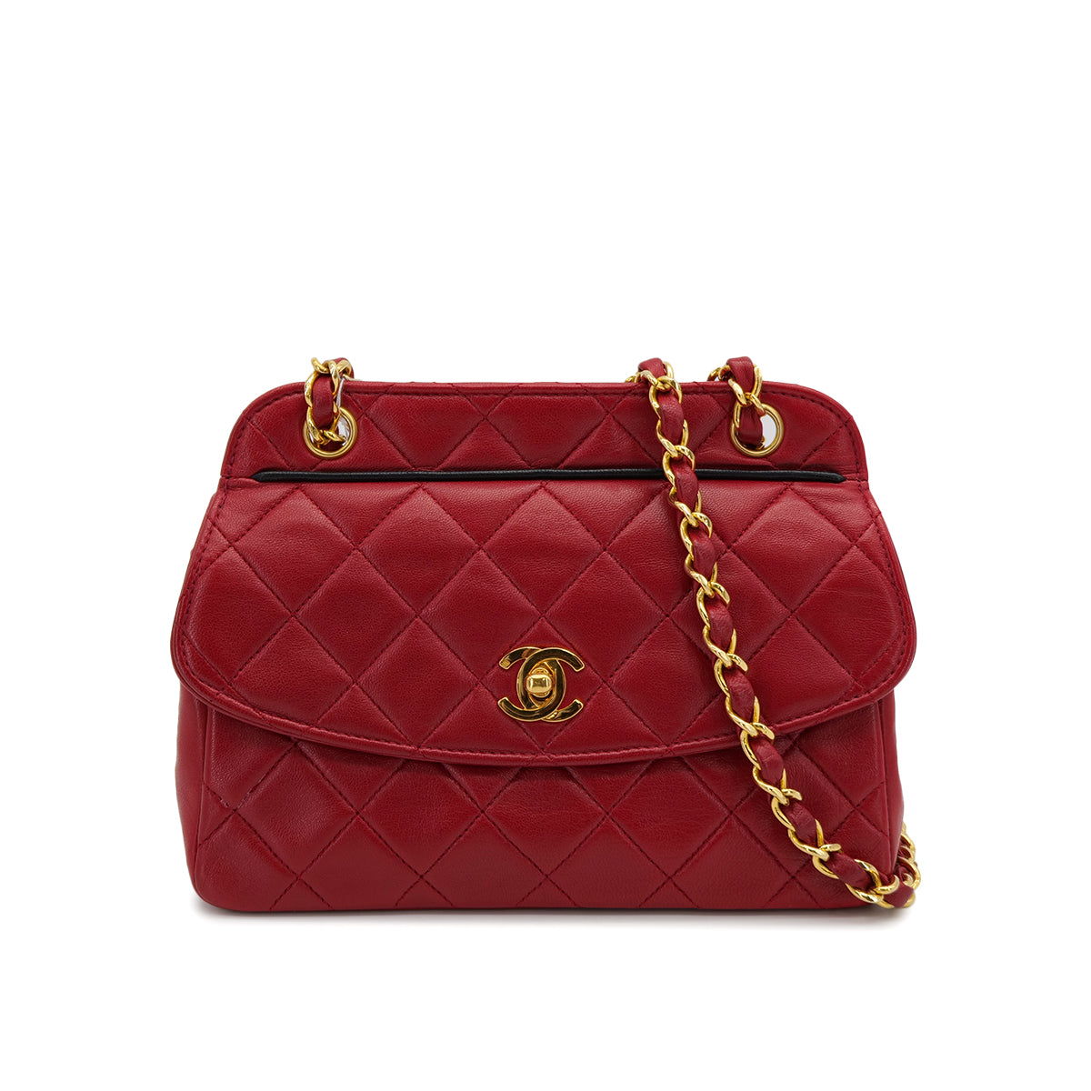 VINTAGE CHANEL MATELASSE CHAIN SHOULDER BAG RED LAMB SKIN GOLD HARDWARE 90321013