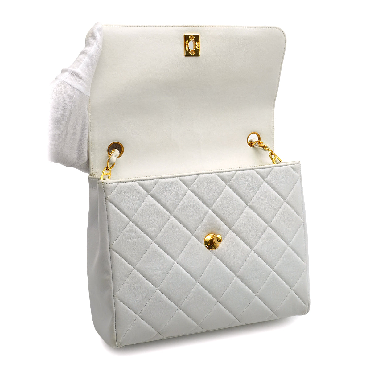 VINTAGE CHANEL MATELASSE CHAIN SHOULDER BAG WHITE LAMB SKIN GOLD HARDWARE 90346872