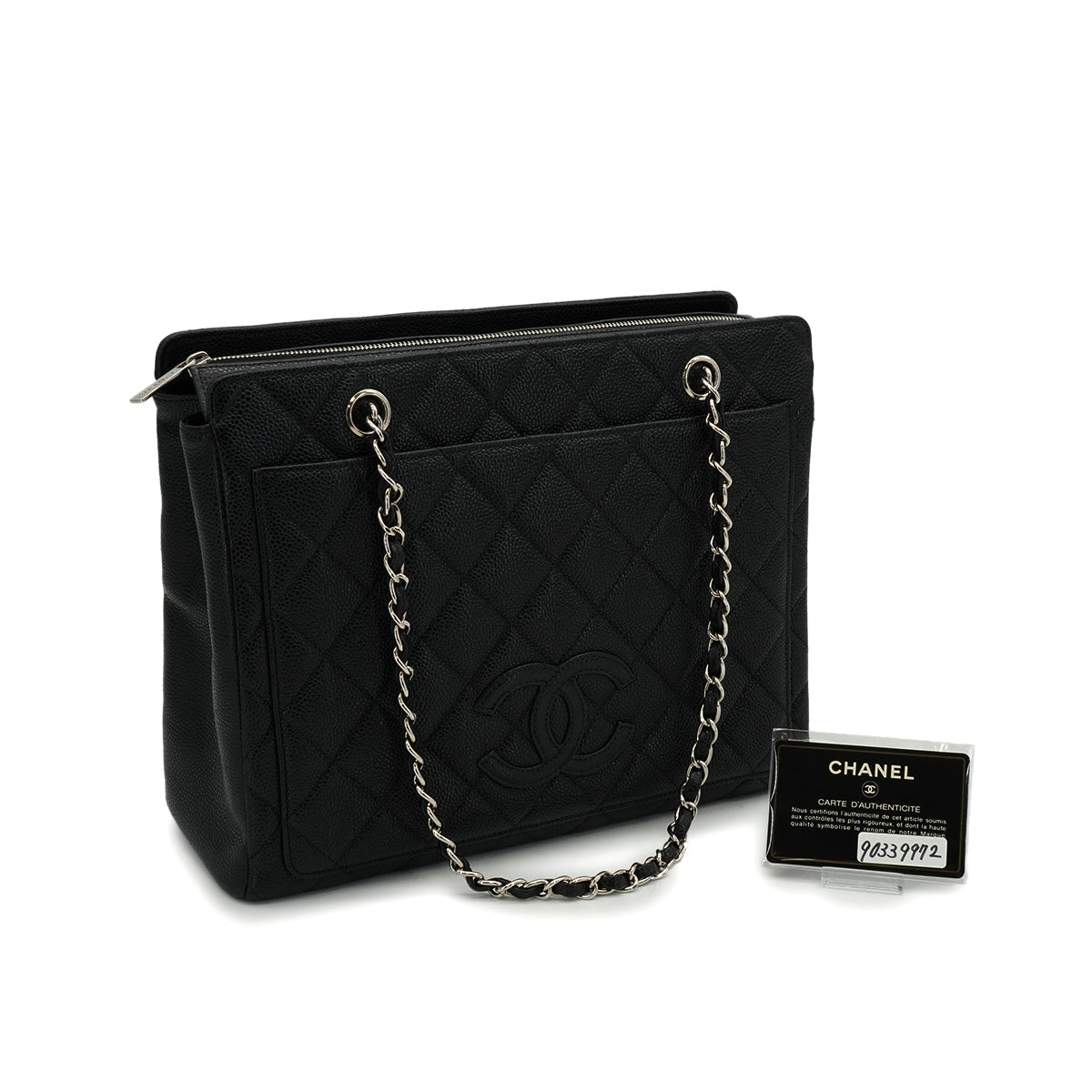 VINTAGE CHANEL COCOMARK MATELASSE CHAIN TOTE BAG BLACK CAVIAR SKIN SILVER HARDWARE 90339972
