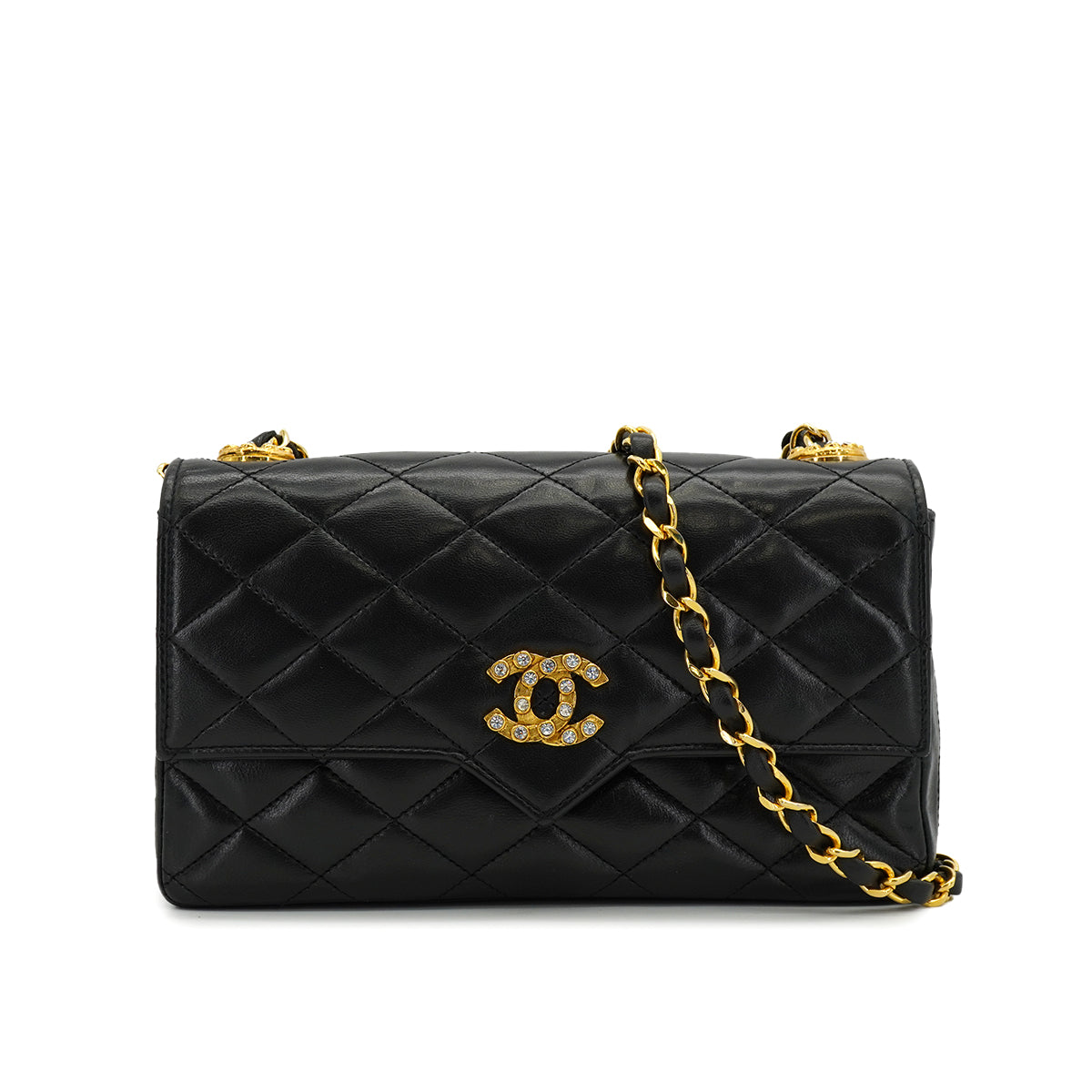 VINTAGE CHANEL MATELASSE COCOMARK RHINESTONE CHAIN SHOULDER BAG BLACK LAMB SKIN GOLD HARDWARE 90326726