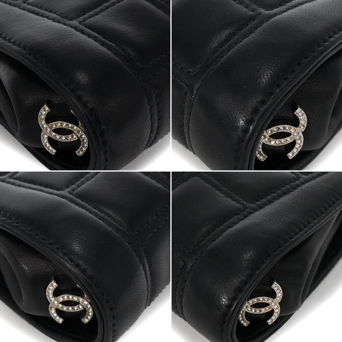 VINTAGE CHANEL MATELASSE COCOMARK RHINESTONE CHAIN SHOULDER BAG BLACK LAMB SKIN SILVER HARDWARE 90339834