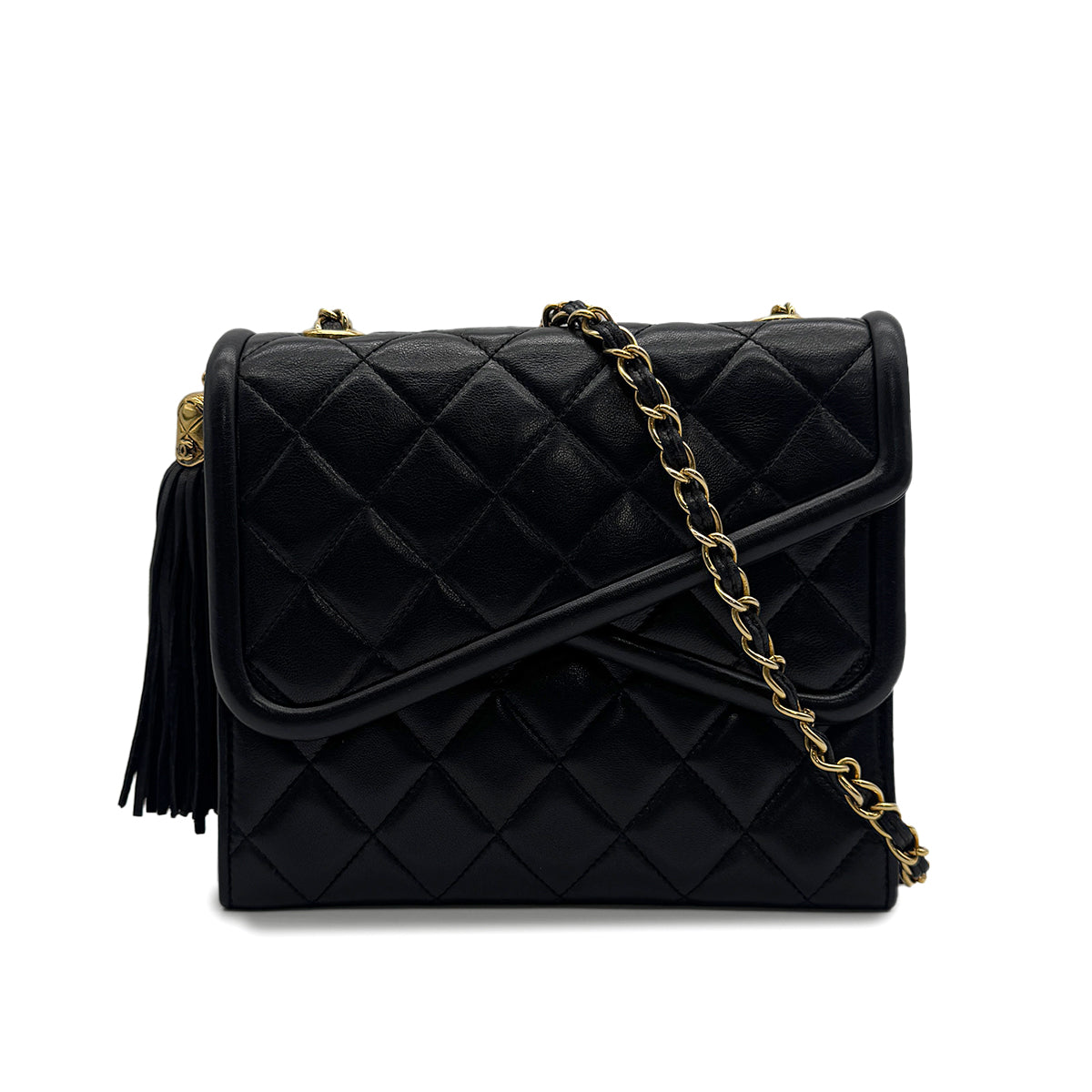VINTAGE CHANEL MATELASSE FRINGE CHAIN SHOULDER BAG BLACK LAMB SKIN GOLD HARDWARE 90318626
