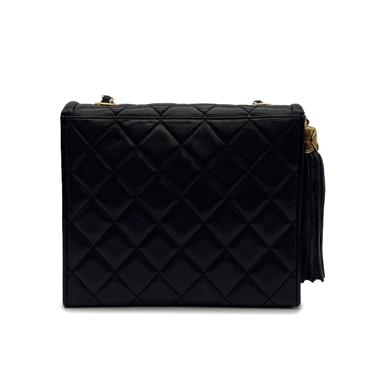 VINTAGE CHANEL MATELASSE FRINGE CHAIN SHOULDER BAG BLACK LAMB SKIN GOLD HARDWARE 90318626