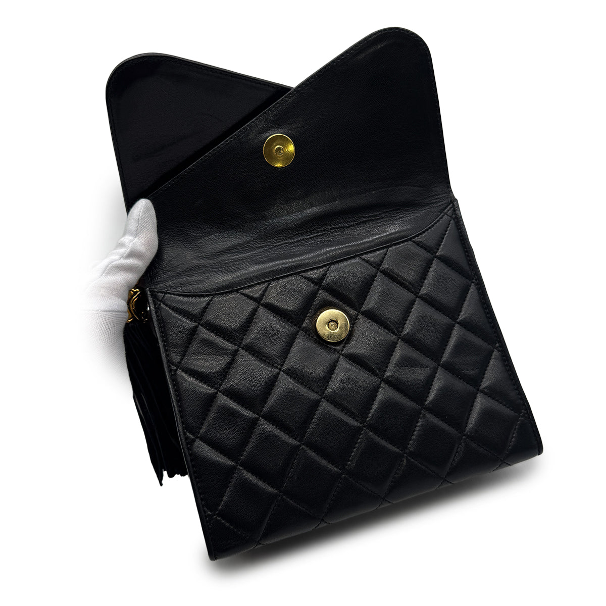 VINTAGE CHANEL MATELASSE FRINGE CHAIN SHOULDER BAG BLACK LAMB SKIN GOLD HARDWARE 90318626