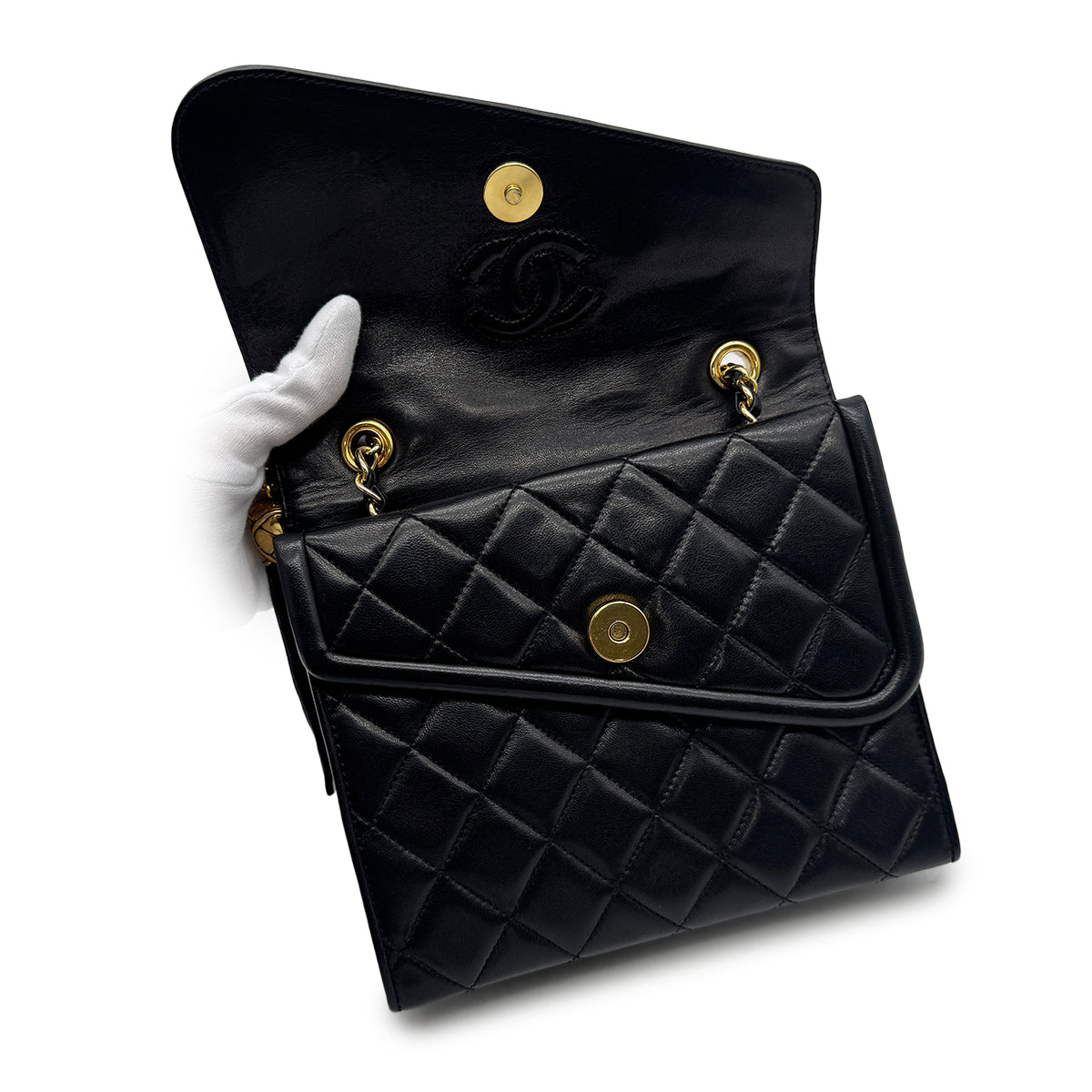 VINTAGE CHANEL MATELASSE FRINGE CHAIN SHOULDER BAG BLACK LAMB SKIN GOLD HARDWARE 90318626
