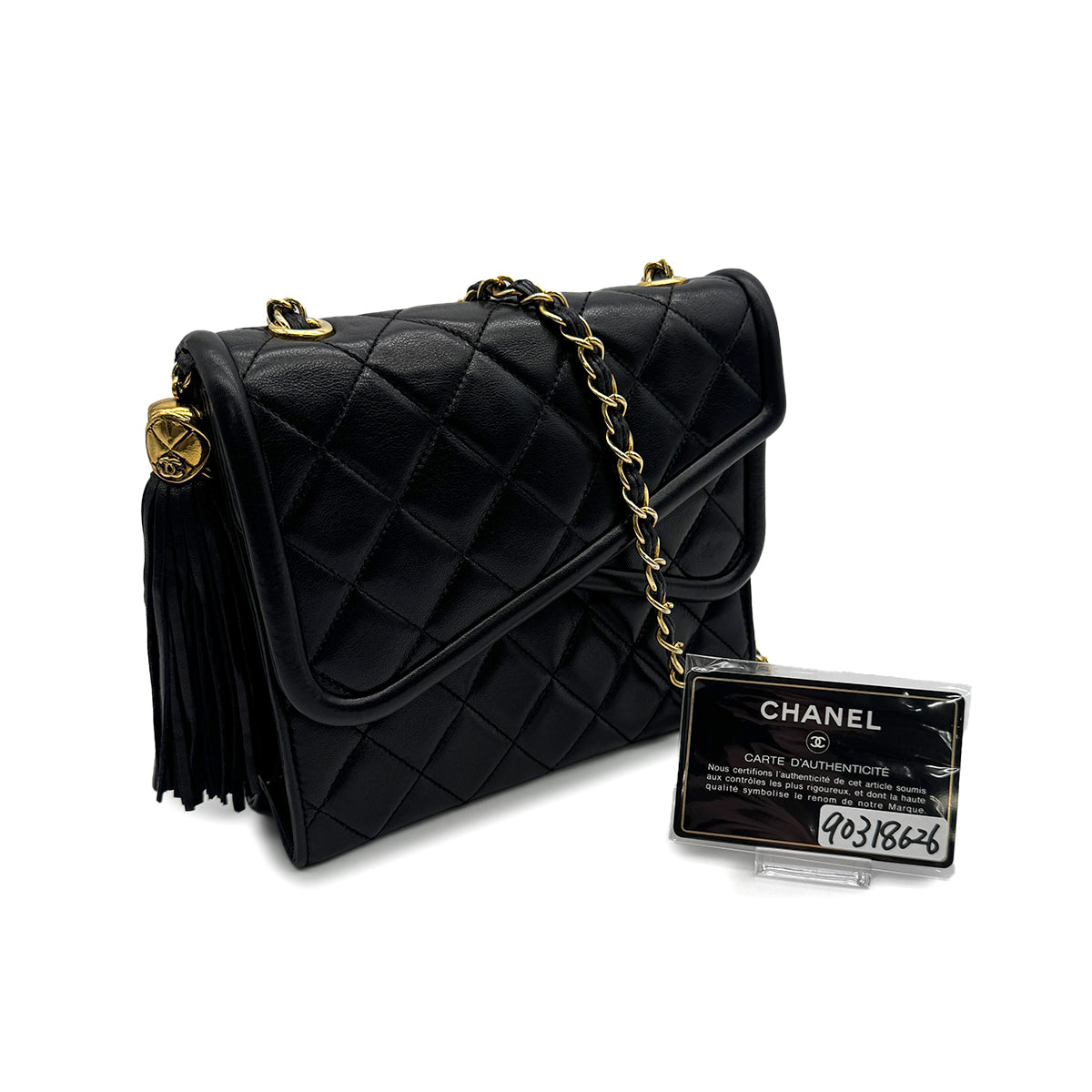 VINTAGE CHANEL MATELASSE FRINGE CHAIN SHOULDER BAG BLACK LAMB SKIN GOLD HARDWARE 90318626
