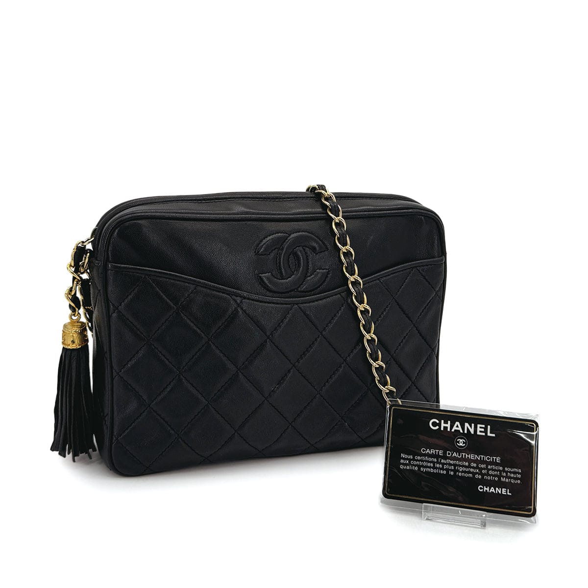 VINTAGE CHANEL MATELASSE FRINGE CHAIN SHOULDER BAG BLACK LAMB SKIN GOLD HARDWARE 90317007
