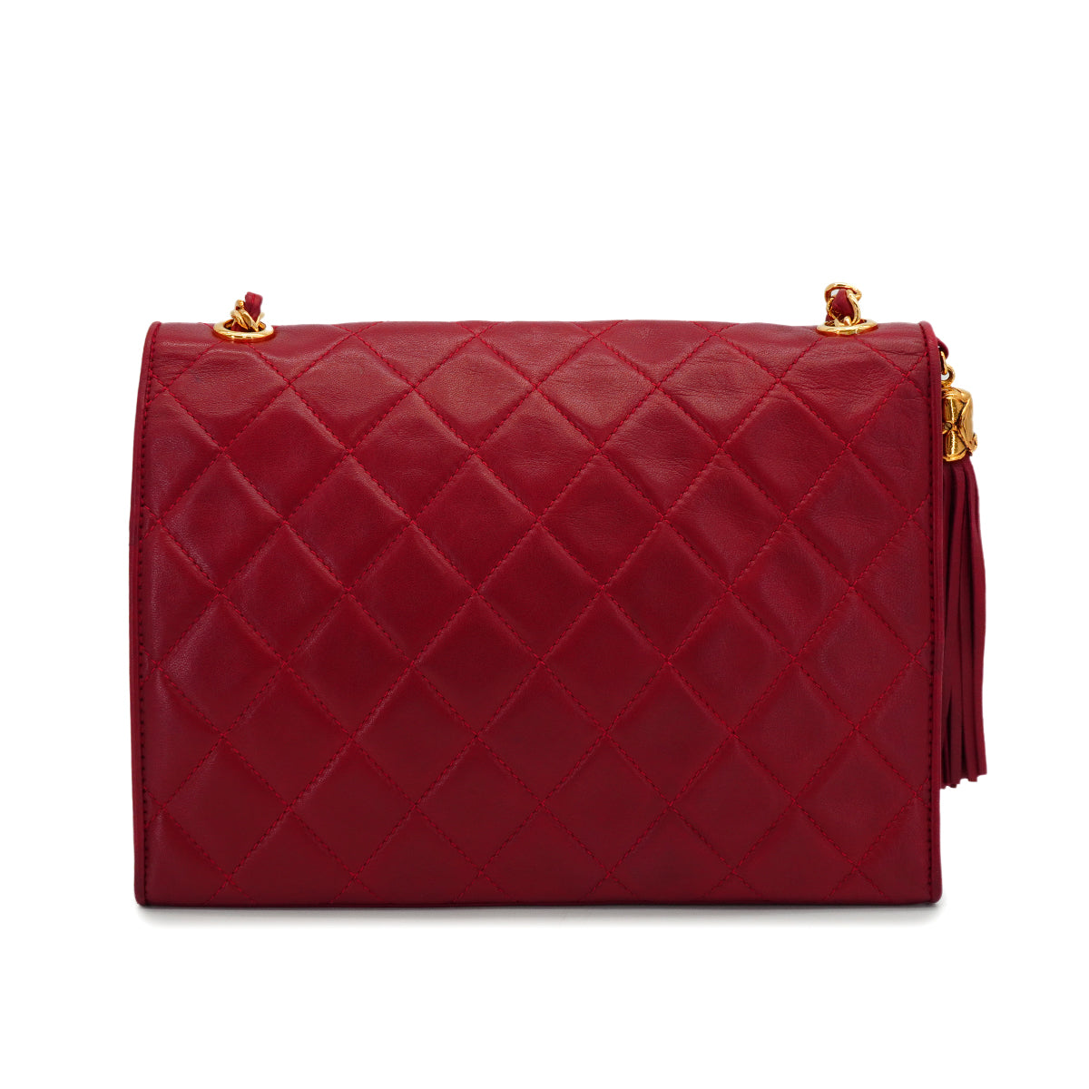VINTAGE CHANEL MATELASSE FRINGE CHAIN SHOULDER BAG RED LAMB SKIN GOLD HARDWARE 90342573