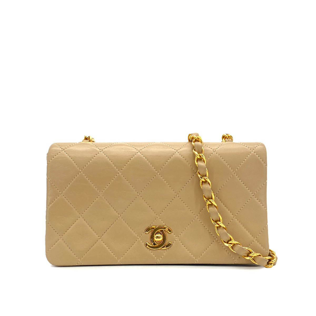 VINTAGE CHANEL MATELASSE FULL FLAP CHAIN SHOULDER BAG BEIGE LAMB SKIN GOLD HARDWARE 90327055
