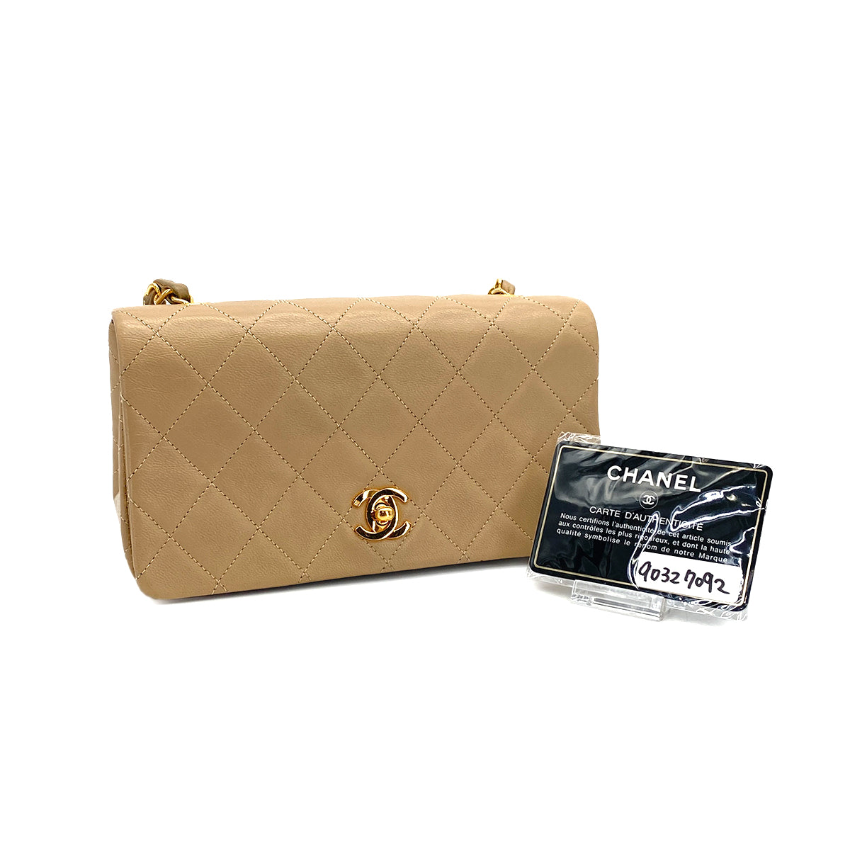 VINTAGE CHANEL MATELASSE FULL FLAP CHAIN SHOULDER BAG BEIGE LAMB SKIN GOLD HARDWARE 90327092