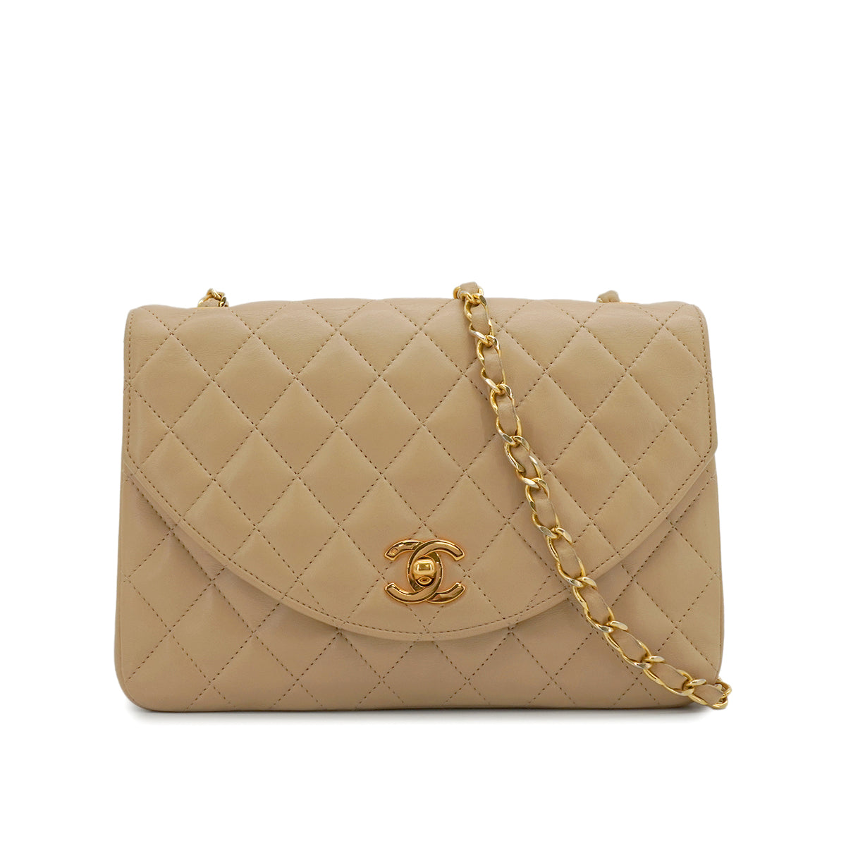 VINTAGE CHANEL MATELASSE HALF MOON CHAIN SHOULDER BAG BEIGE LAMB SKIN 90340157