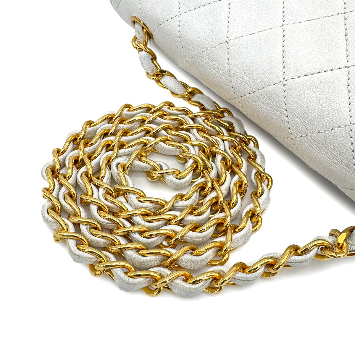 VINTAGE CHANEL MATELASSE HALF MOON CHAIN SHOULDER BAG WHITE LAMB SKIN GOLD HARDWARE 90315487