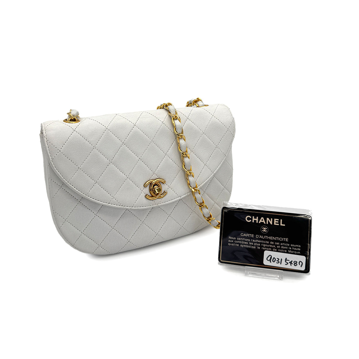 VINTAGE CHANEL MATELASSE HALF MOON CHAIN SHOULDER BAG WHITE LAMB SKIN GOLD HARDWARE 90315487