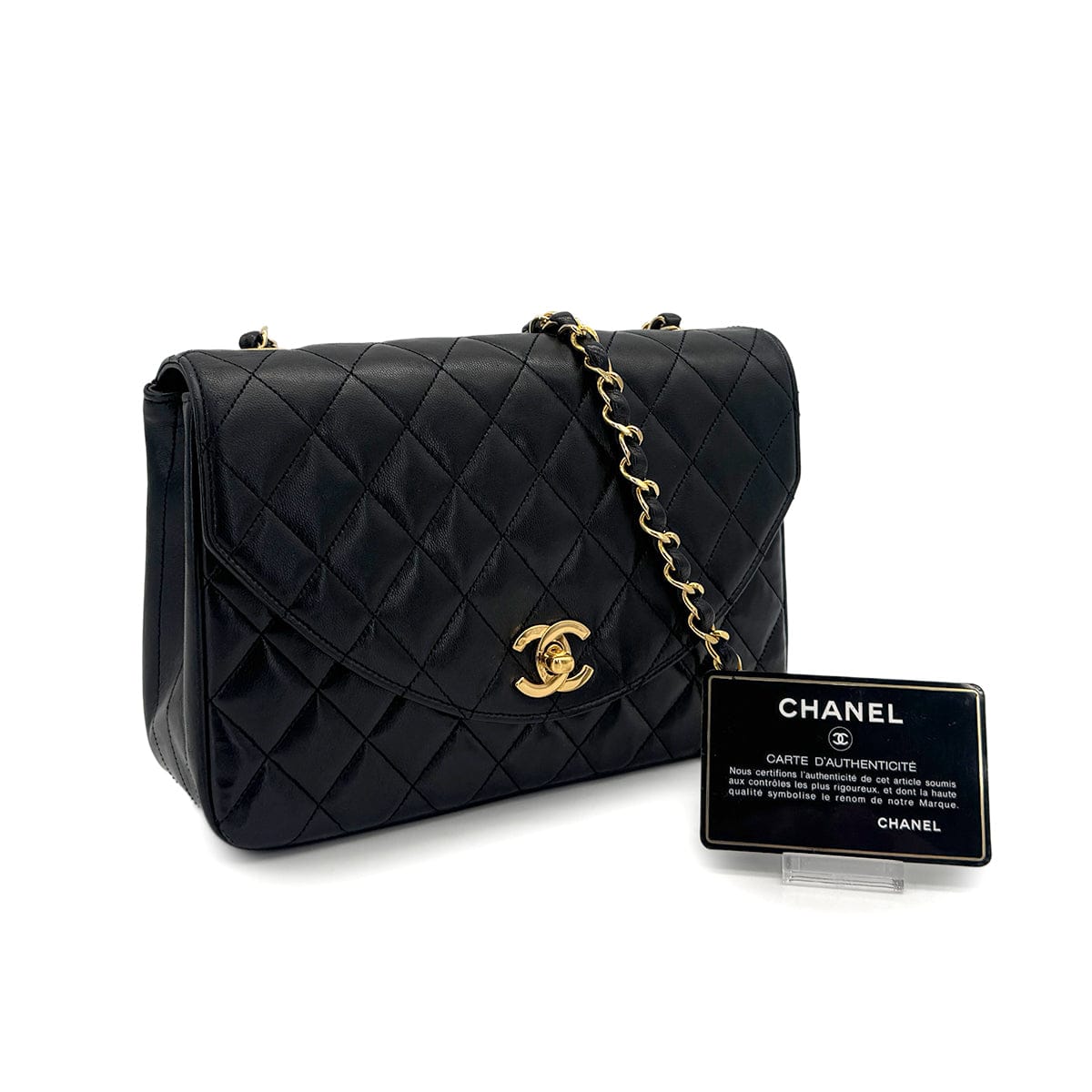 VINTAGE CHANEL MATELASSE HALF MOON CHAIN SHOULDER BAG BLACK LAMB SKIN GOLD HARDWARE 90319939