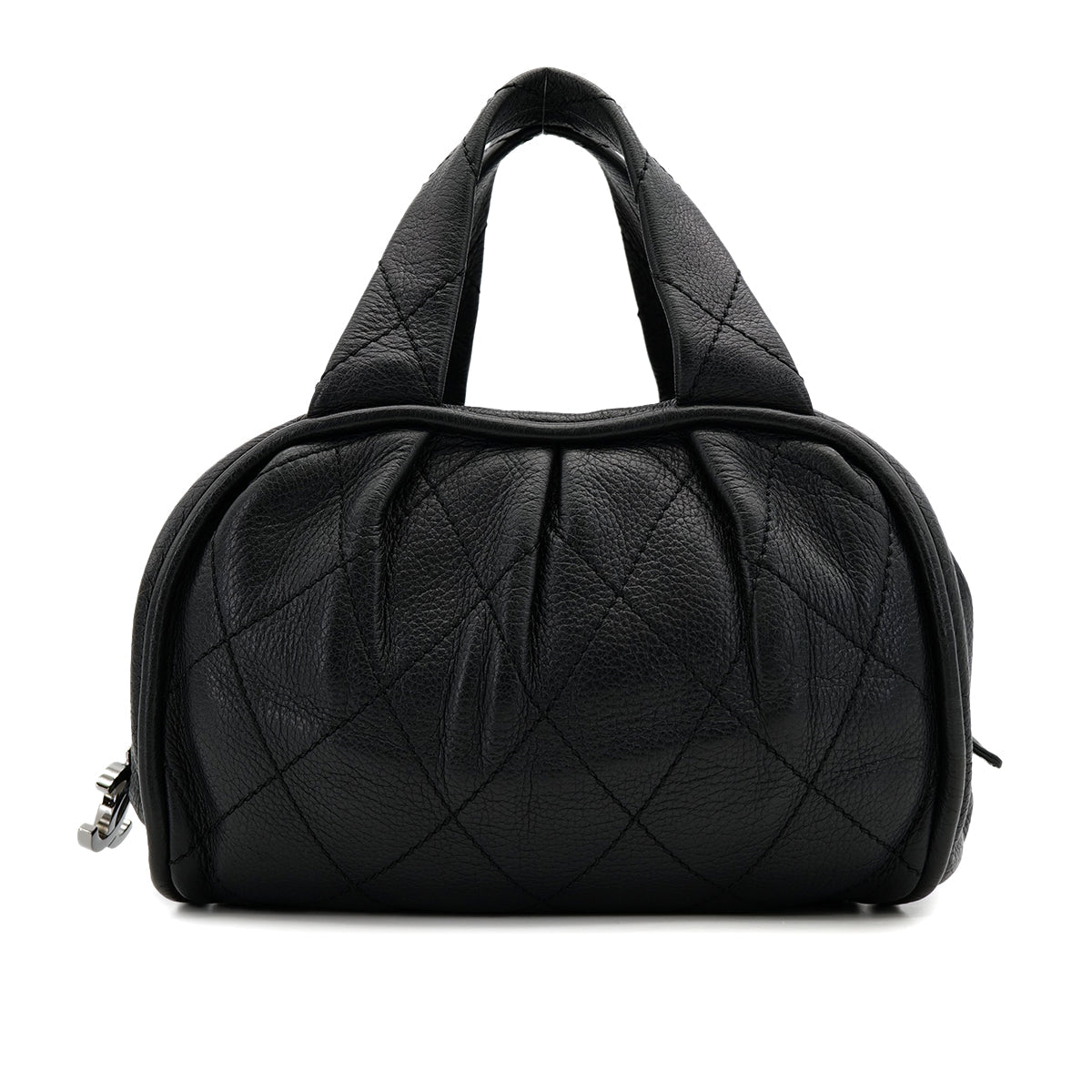 VINTAGE CHANEL MATELASSE HAND BAG BLACK LEATHER SILVER HARDWARE 90317186