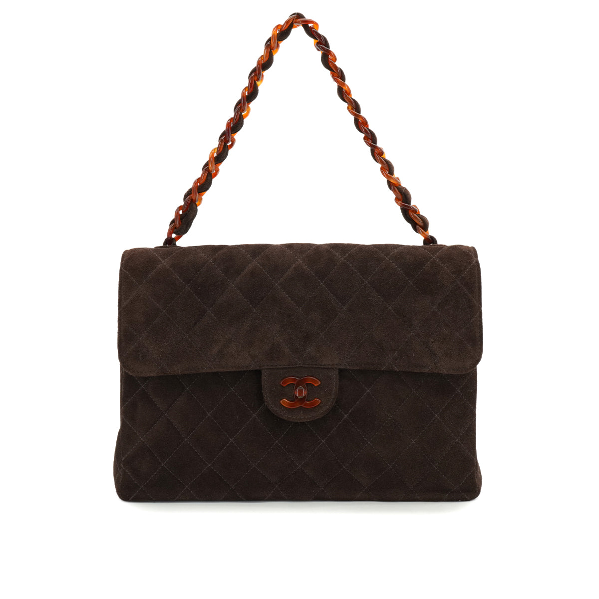 VINTAGE CHANEL MATELASSE PLASTIC CHAIN HAND BAG BROWN SUEDE GOLD HARDWARE 90326855