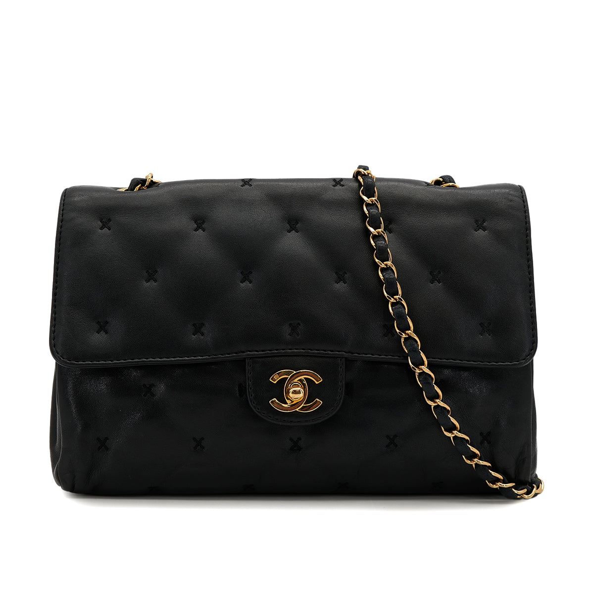 VINTAGE CHANEL MATELASSE STITCH CHAIN SHOULDER BAG BLACK LAMB SKIN GOLD HARDWARE 90322926