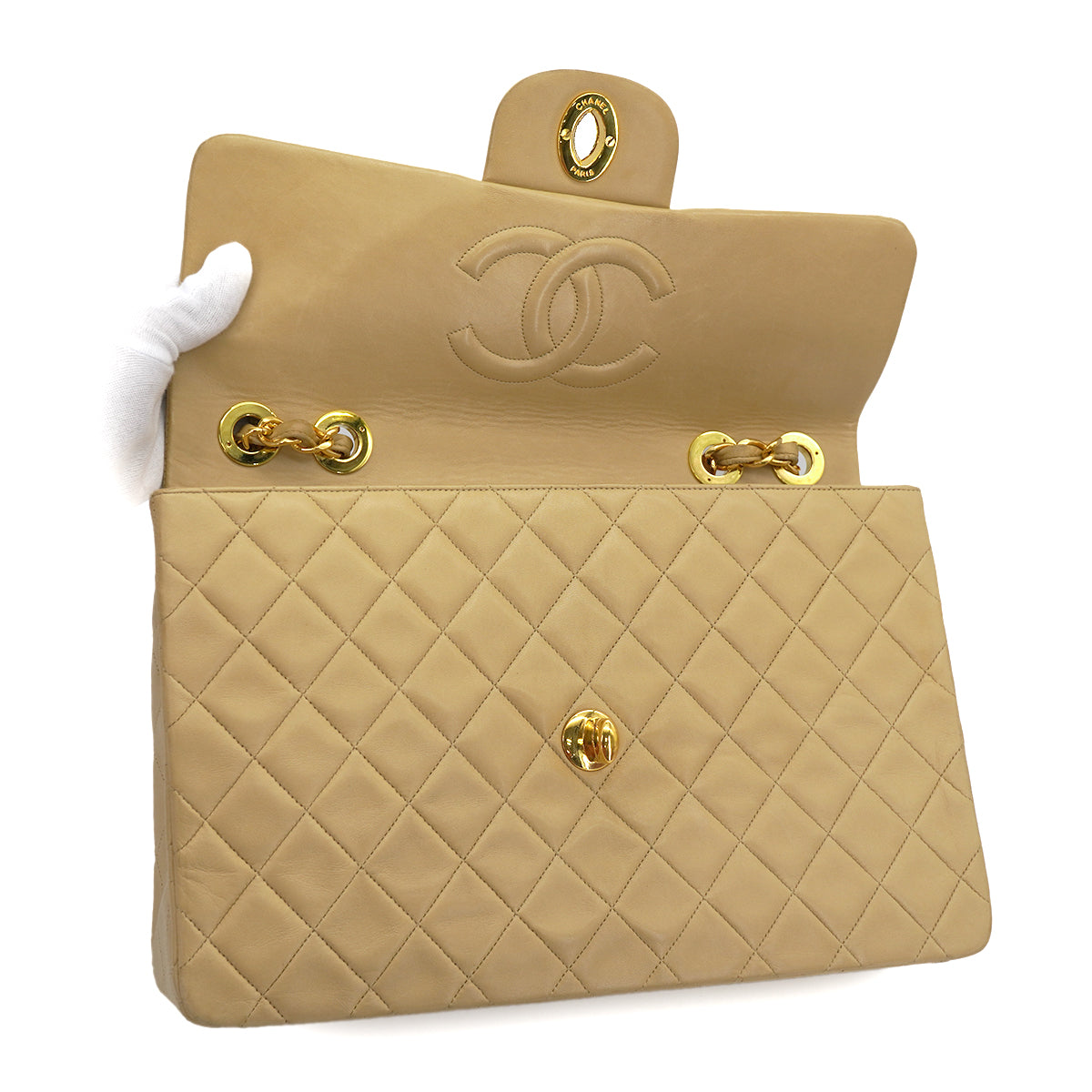 VINTAGE CHANEL MAXI MATELASSE 34 CHAIN SHOULDER BAG BEIGE LAMB SKIN GOLD HARDWARE 90330931