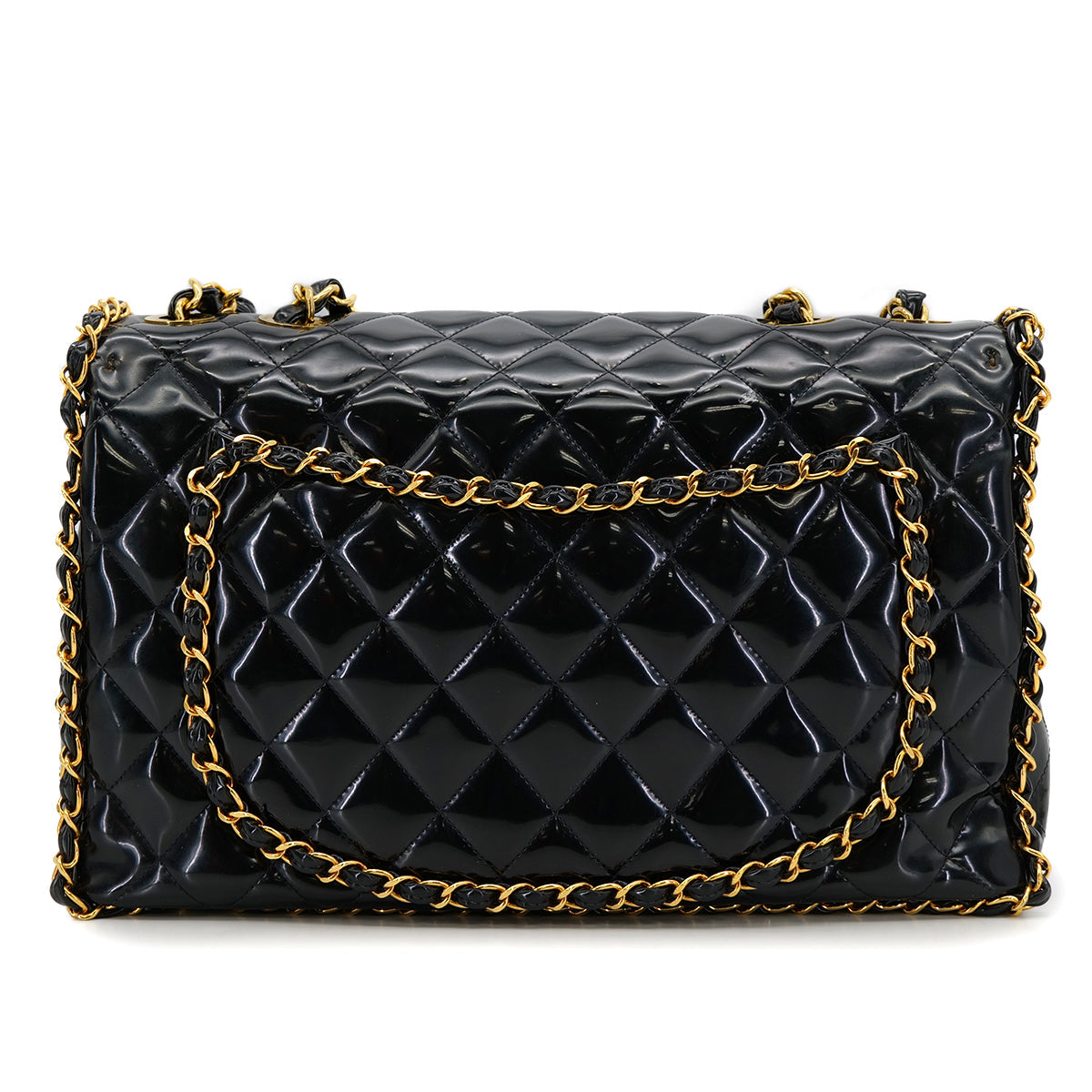 VINTAGE CHANEL MAXI MATELASSE 34 CHAIN SHOULDER BAG BLACK PATENT LEATHER GOLD HARDWARE 90318756