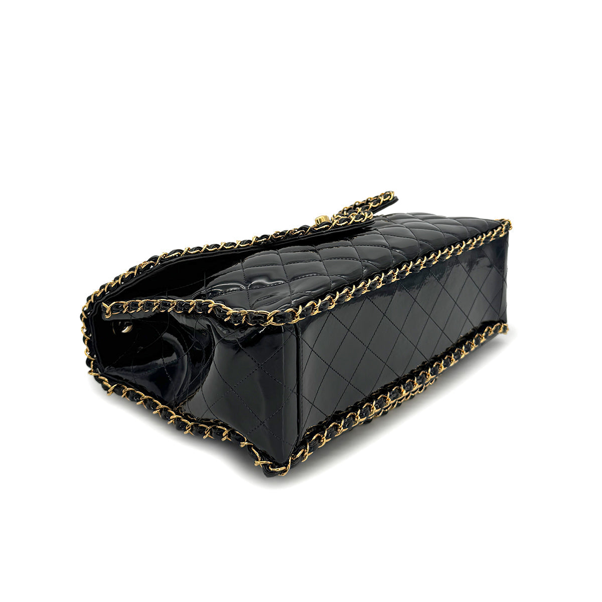 VINTAGE CHANEL MAXI MATELASSE 34 CHAIN SHOULDER BAG BLACK PATENT LEATHER GOLD HARDWARE 90318756