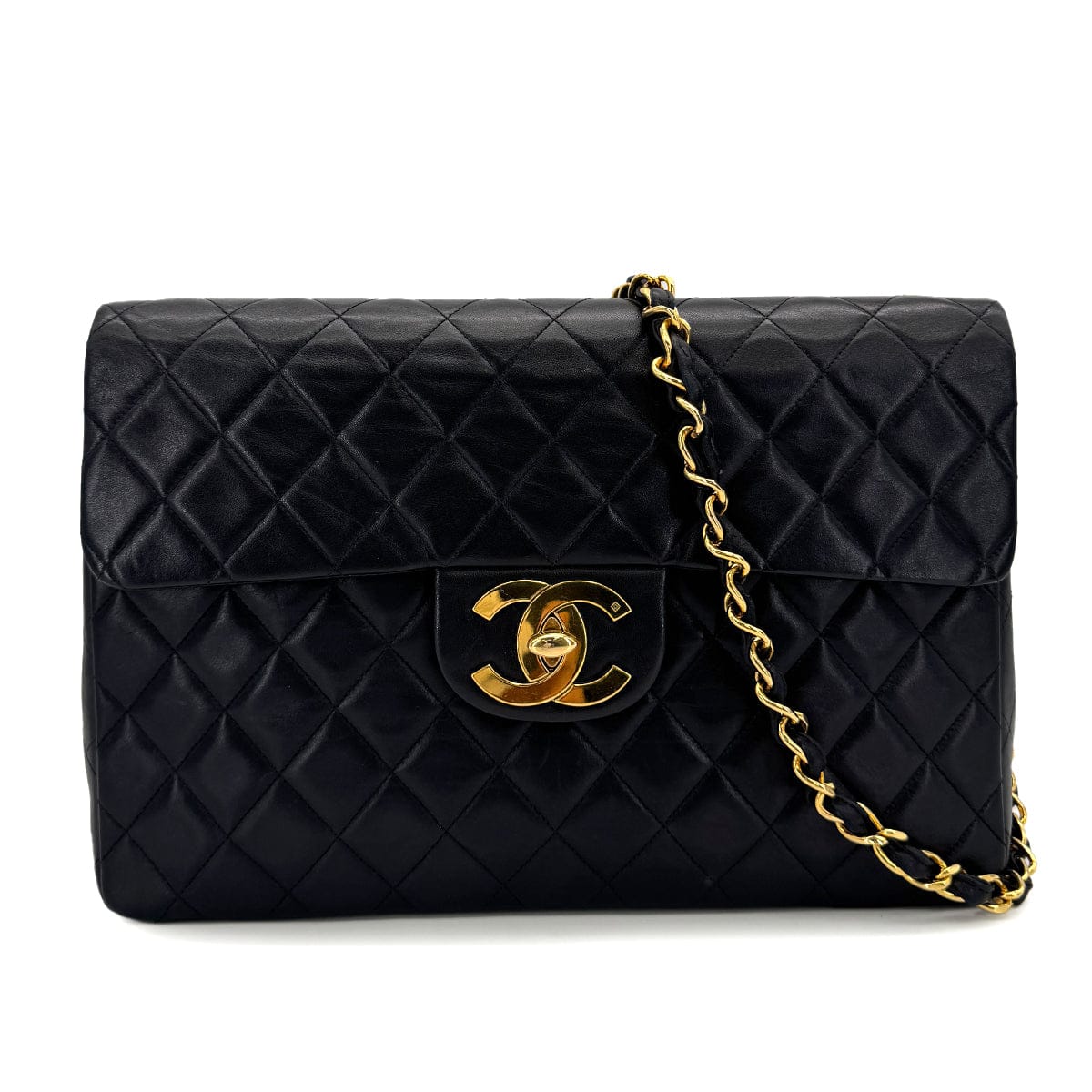 VINTAGE CHANEL MAXI MATELASSE 34 CHAIN SHOULDER BAG BLACK LAMB SKIN GOLD HARDWARE 90318289