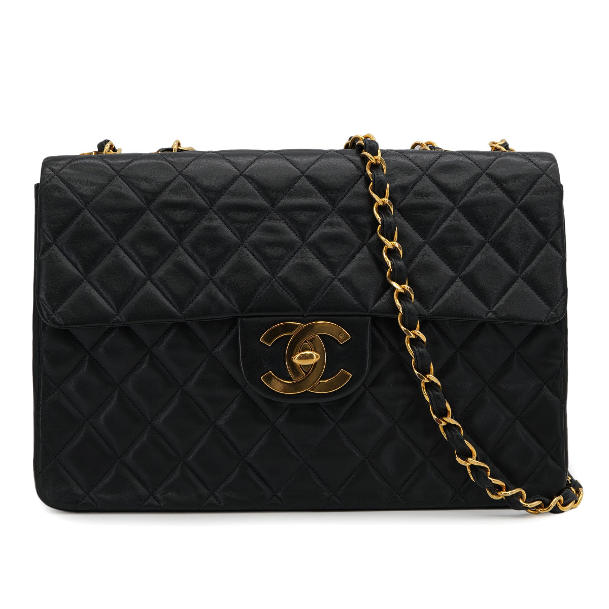 VINTAGE CHANEL MAXI MATELASSE 34 CHAIN SHOULDER BAG BLACK LAMB SKIN GOLD HARDWARE 90325320
