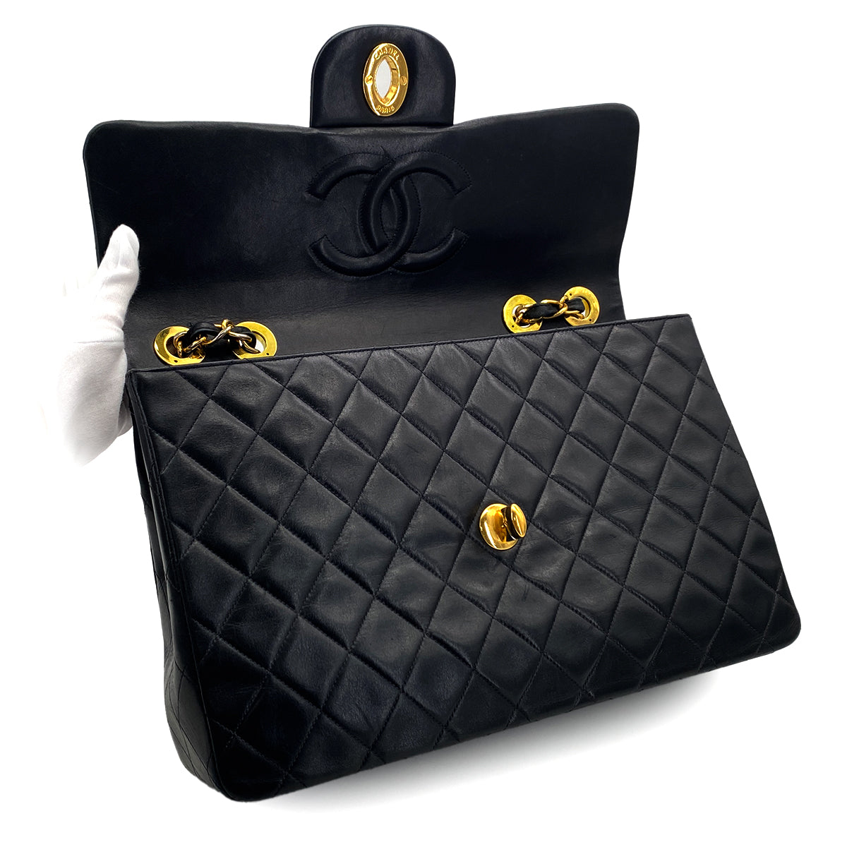 VINTAGE CHANEL MAXI MATELASSE 34 CHAIN SHOULDER BAG BLACK LAMB SKIN GOLD HARDWARE 90325642