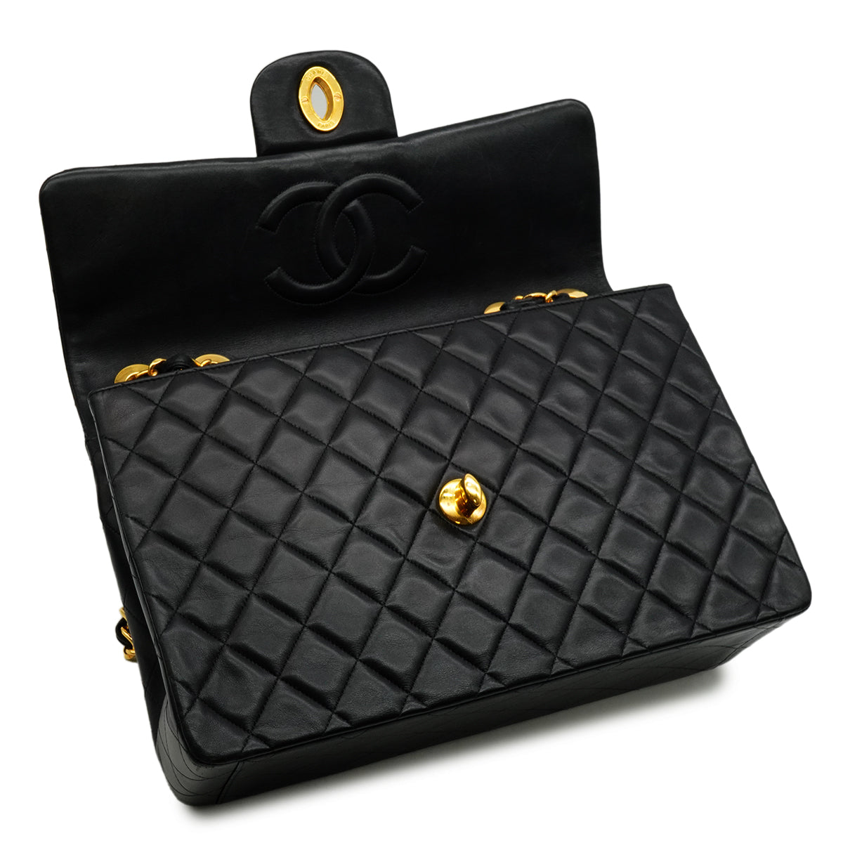 VINTAGE CHANEL MAXI MATELASSE 34 CHAIN SHOULDER BAG BLACK LAMB SKIN GOLD HARDWARE 90340140