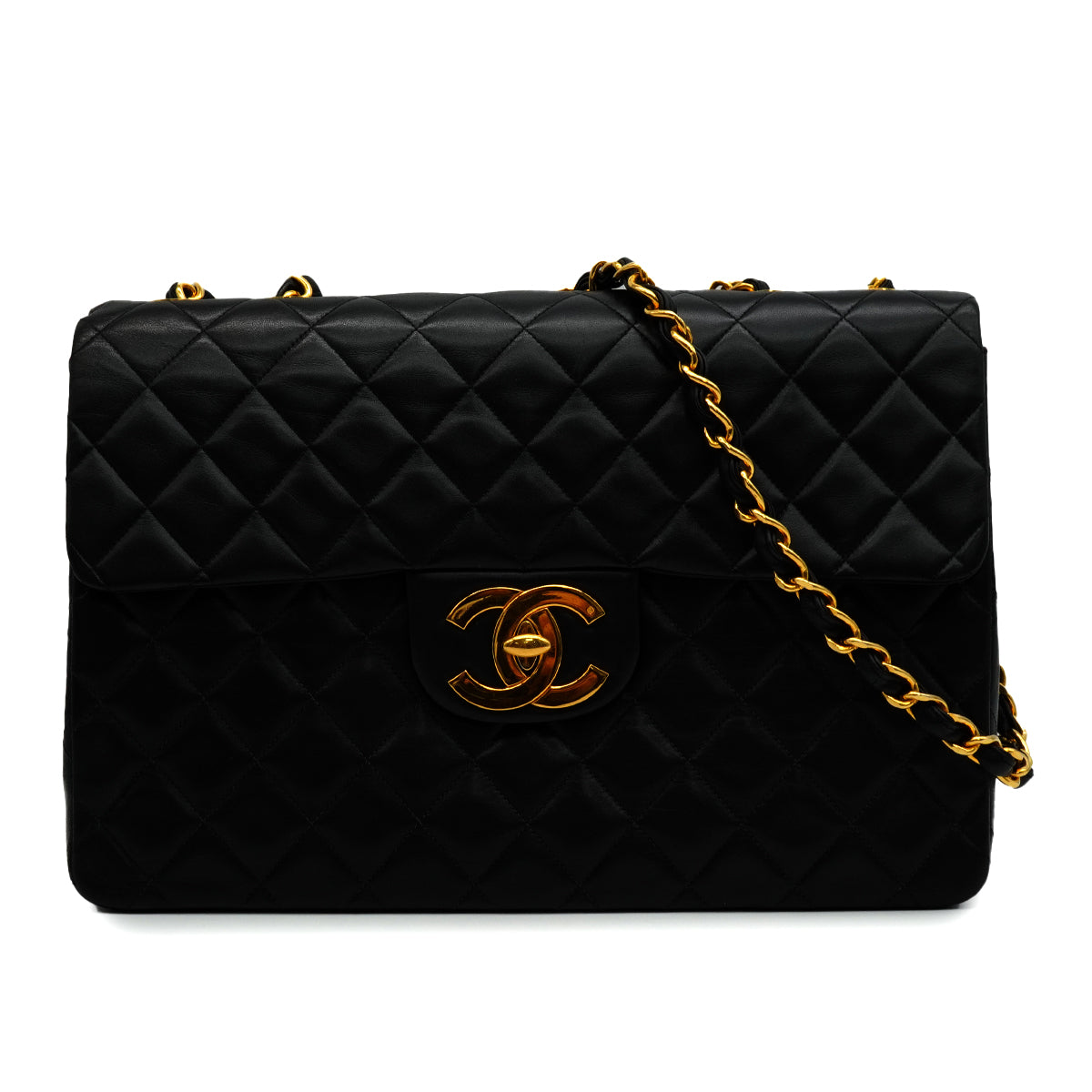 VINTAGE CHANEL MAXI MATELASSE 34 CHAIN SHOULDER BAG BLACK LAMB SKIN GOLD HARDWARE 90346666