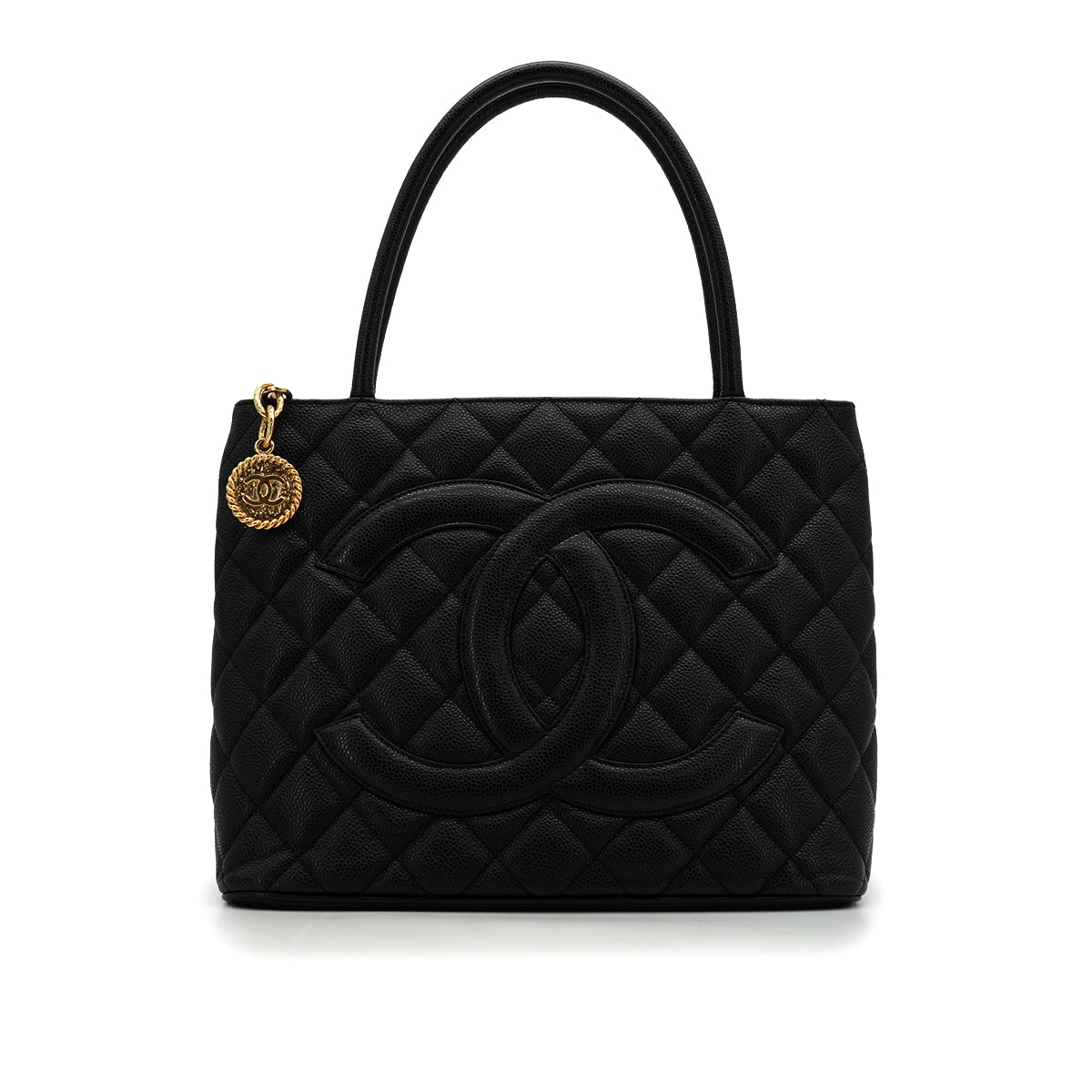 VINTAGE CHANEL MEDALLION TOTE BAG BLACK CAVIAR SKIN GOLD HARDWARE 90343960