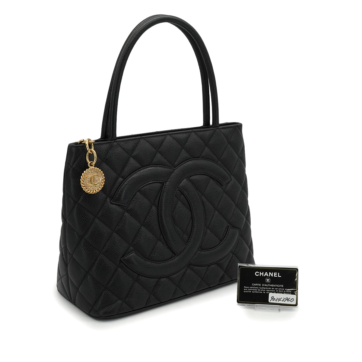 VINTAGE CHANEL MEDALLION TOTE BAG BLACK CAVIAR SKIN GOLD HARDWARE 90343960